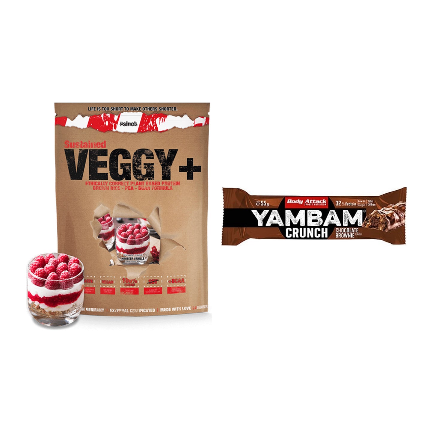 Schokolade Geschmacks-Duo: Sinob VEGGY + VEGAN + 2× Body Attack YAMBAM – alle enthaltenen Artikel