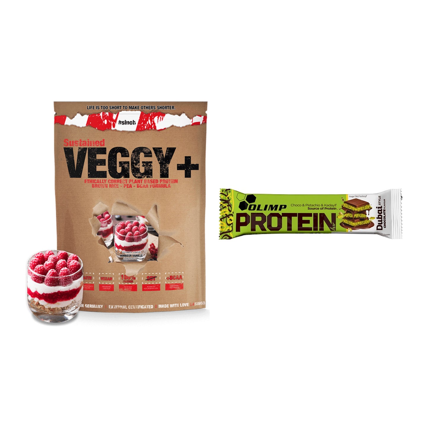 Schokolade Geschmacks-Duo: Sinob VEGGY + VEGAN + 2× Olimp Protein Bar – alle enthaltenen Artikel