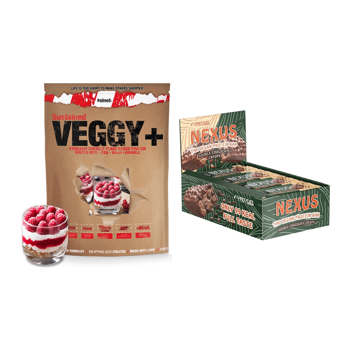 Schokolade Geschmacks-Duo: Sinob VEGGY + VEGAN + 2× ProFuel Nexus – alle enthaltenen Artikel