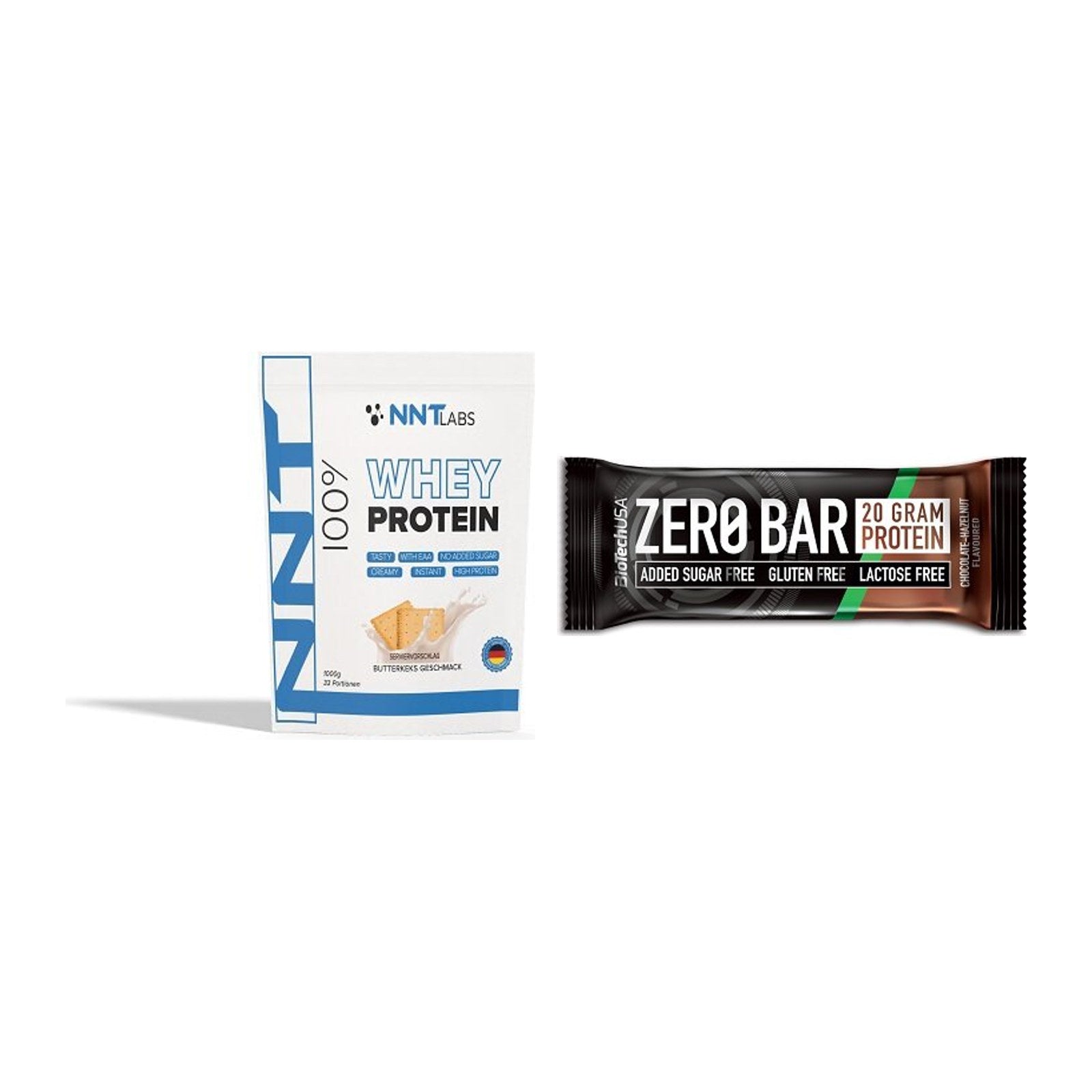 Schokolade Geschmacks-Duo: NNT Whey + 2× BioTech Zero Bar – alle enthaltenen Artikel