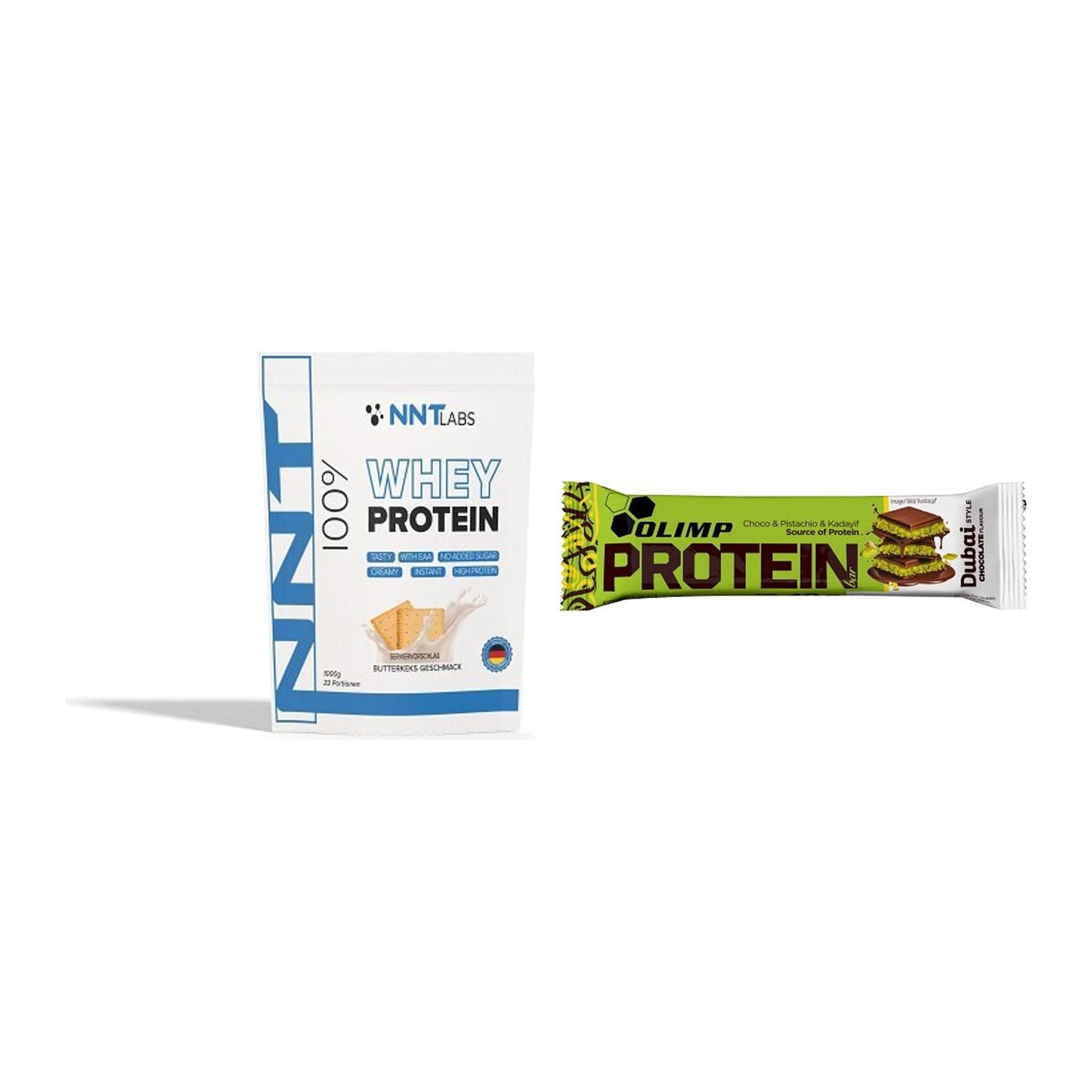 Schokolade Geschmacks-Duo: NNT Whey + 2× Olimp Protein Bar Dubai Style – alle enthaltenen Artikel