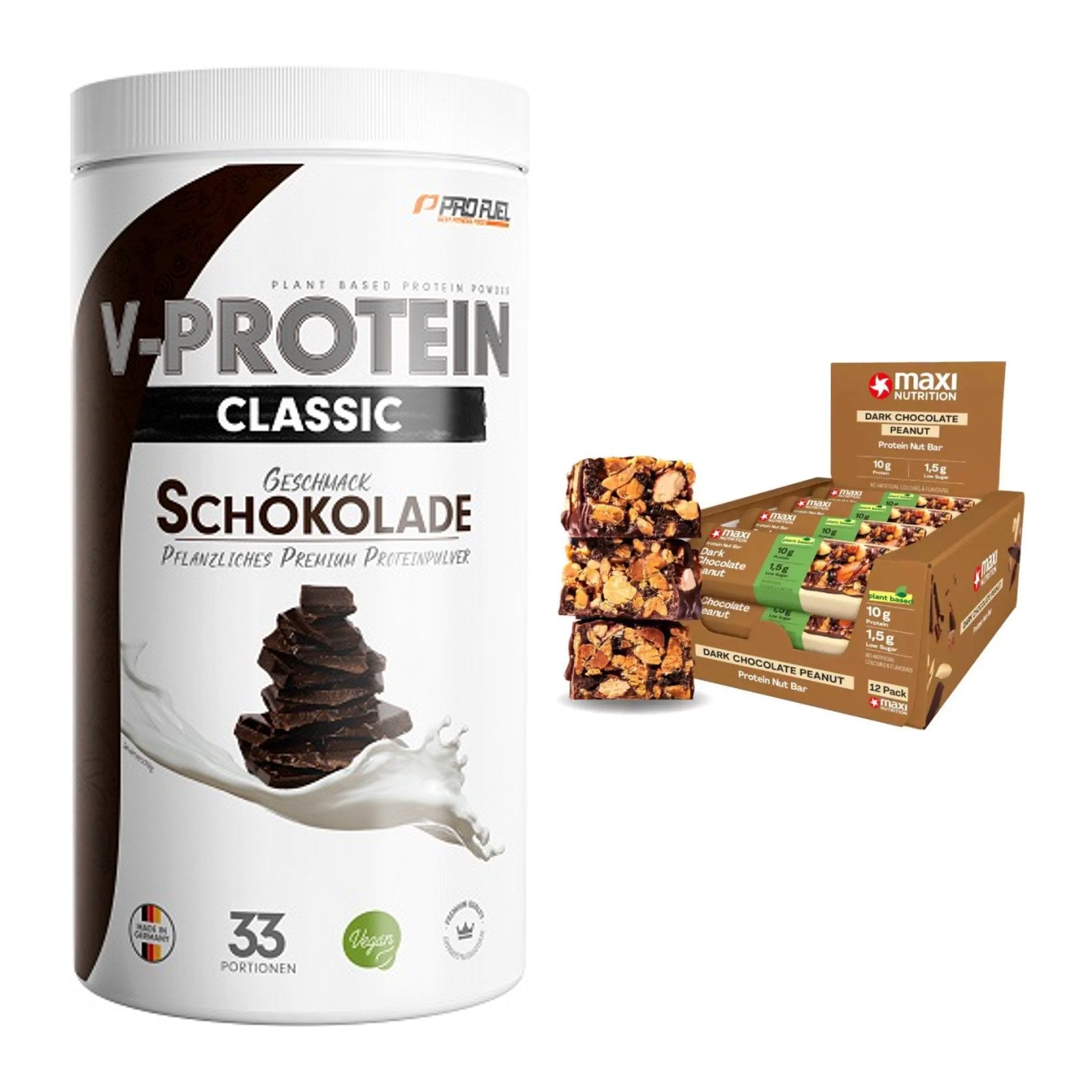 Schokolade Geschmacks-Duo: ProFuel VEGAN + 2× MaxiNutrition – alle enthaltenen Artikel