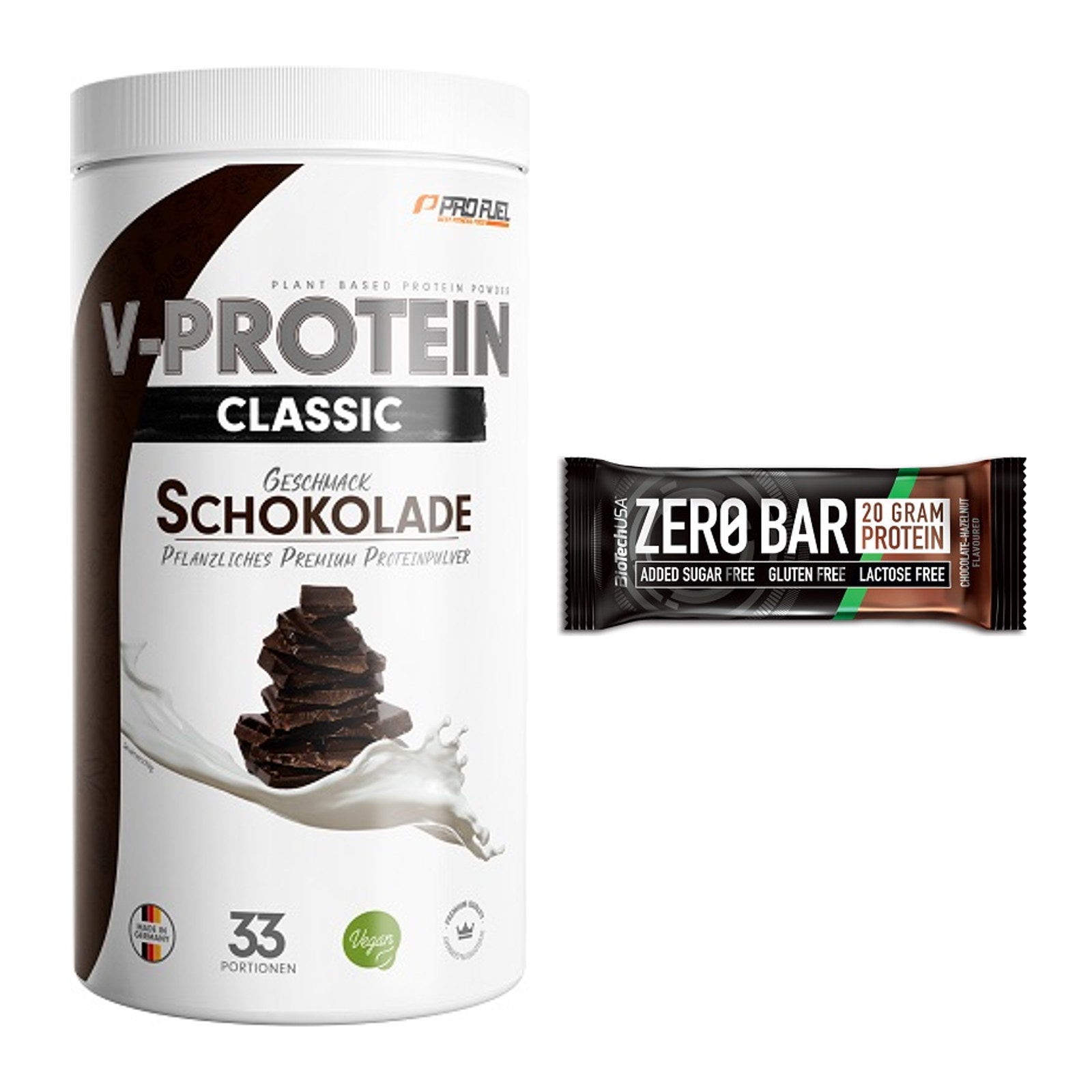 Schokolade Geschmacks-Duo: ProFuel VEGAN PROTEIN + 2× BioTech Zero Bar – alle enthaltenen Artikel
