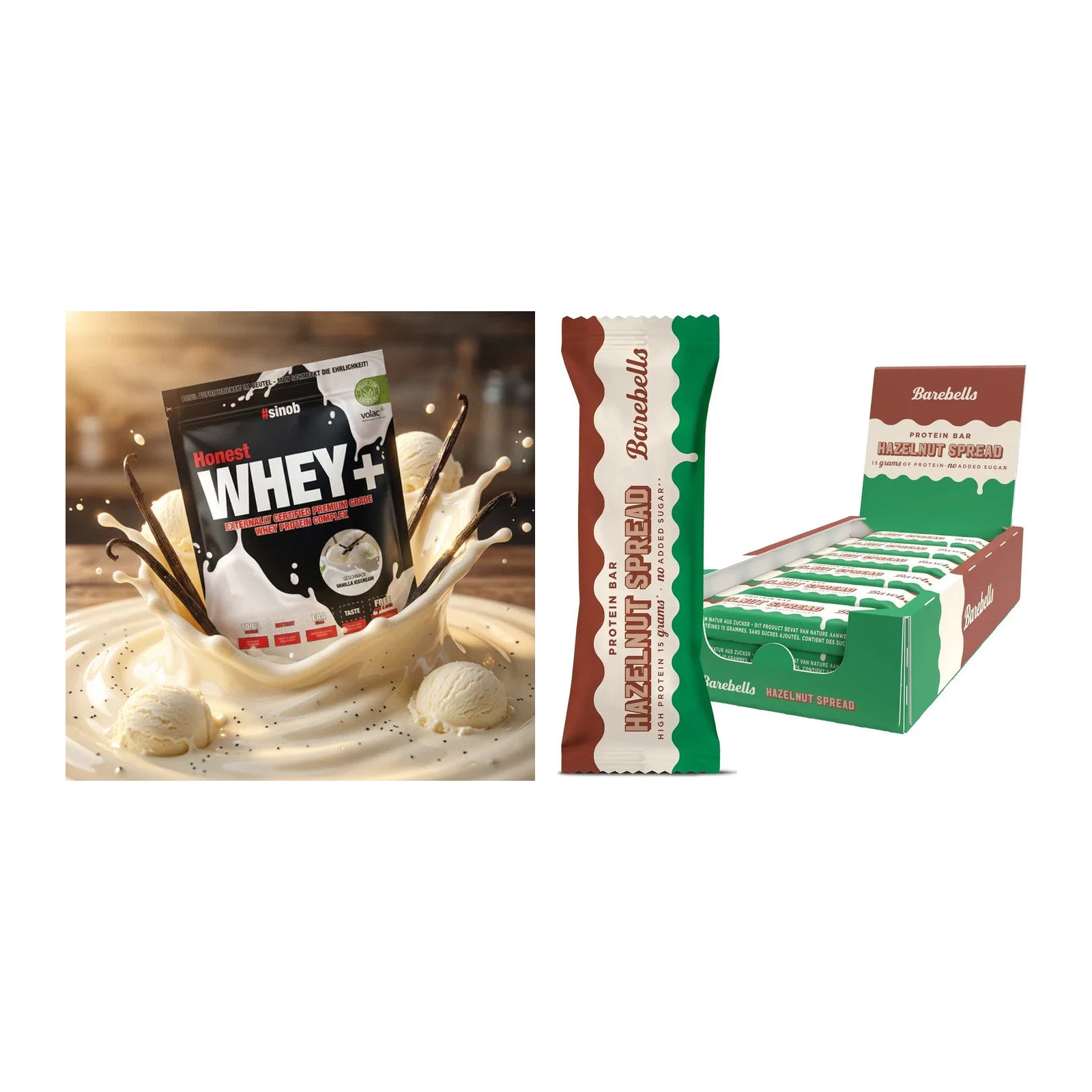 Haselnuss Geschmacks-Duo: Sinob Honest Whey+ + 2× Barebells Spread Bar – alle enthaltenen Artikel
