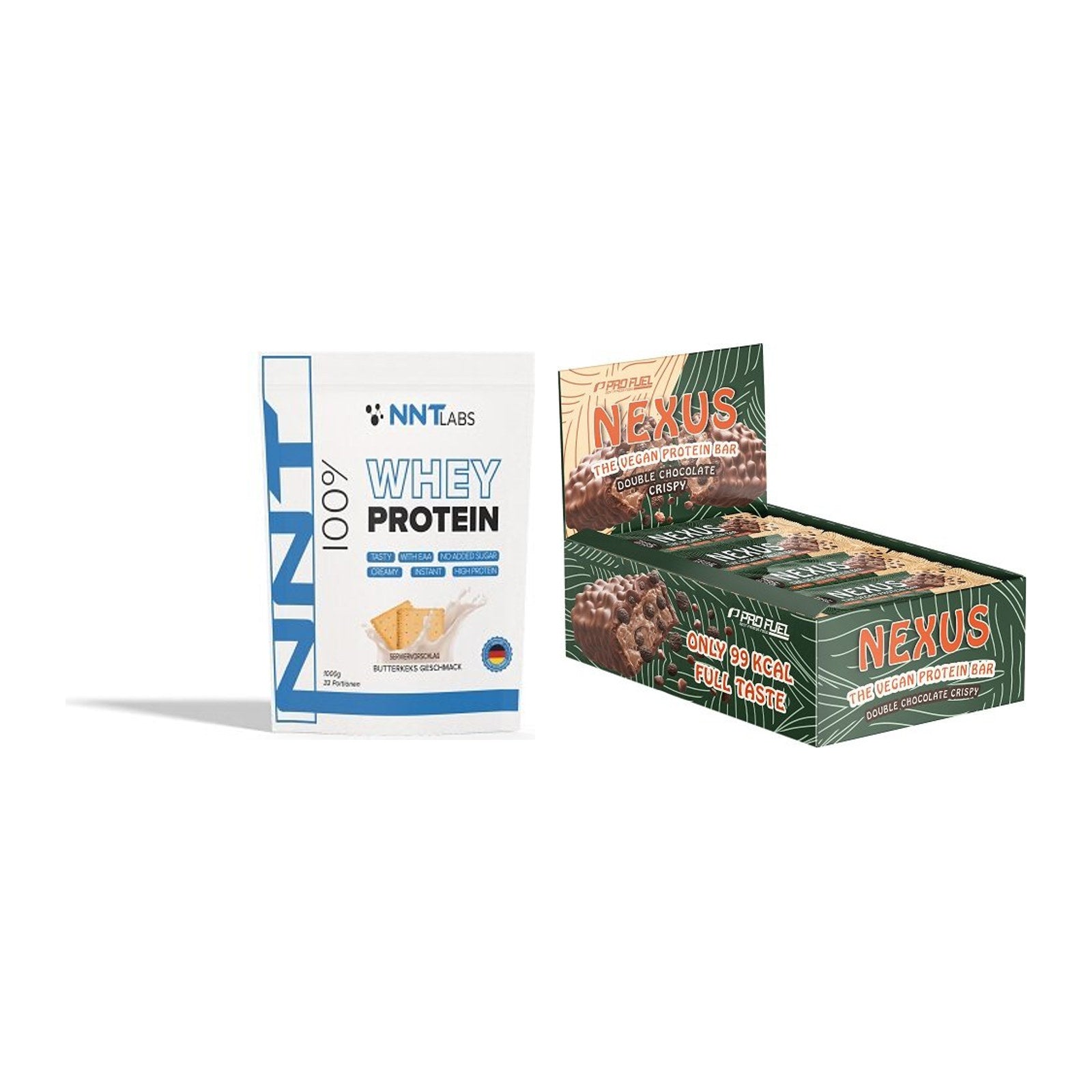 Schokolade Geschmacks-Duo: NNT Whey + 2× ProFuel Nexus Proteinriegel – alle enthaltenen Artikel