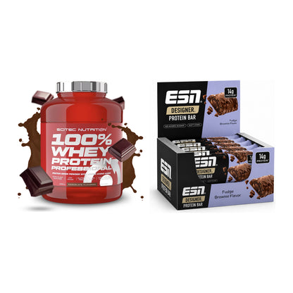 Schokolade Geschmacks-Duo: Scitec 100% Whey + 2× ESN Designer Bar – alle enthaltenen Artikel