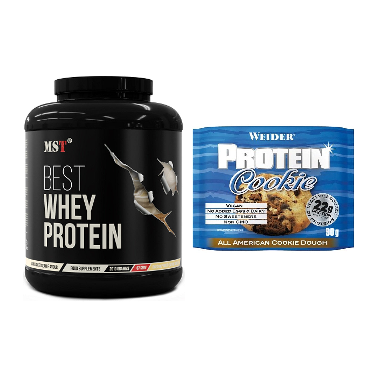 Keks Geschmacks-Duo: MST Best Whey Protein + 2× Weider Protein Cookie – alle enthaltenen Artikel