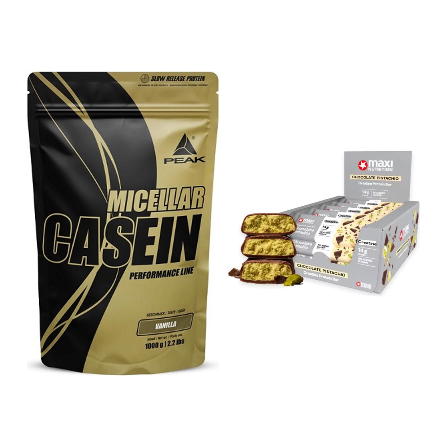 Schokolade Geschmacks-Duo: Peak Micellar Casein + 2× MaxiNutrition – alle enthaltenen Artikel