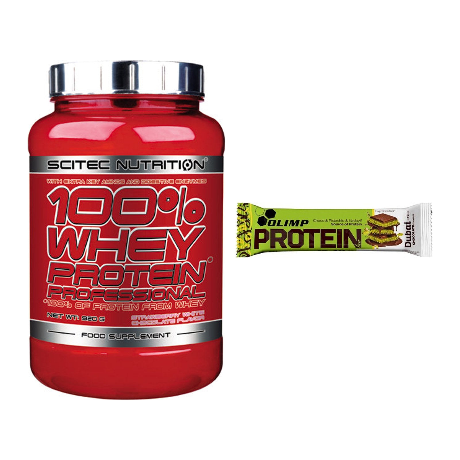 Schokolade Geschmacks-Duo: Scitec 100% Whey + 2× Olimp Protein Bar – alle enthaltenen Artikel