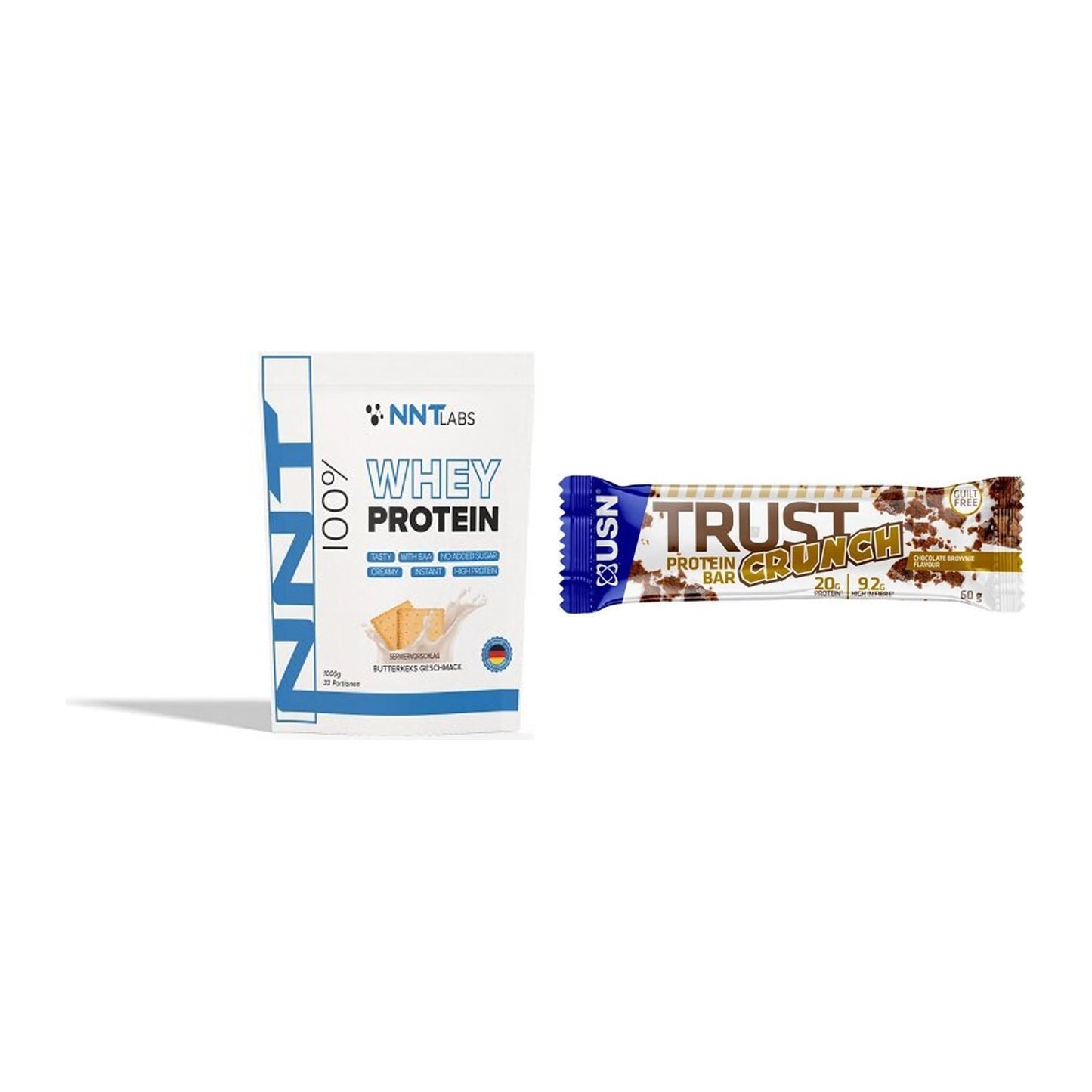Schokolade Geschmacks-Duo: NNT Whey + 2× USN TRUST Crunch Bars – alle enthaltenen Artikel