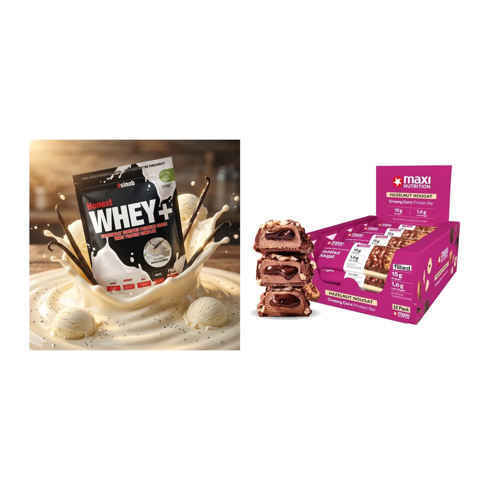 Haselnuss Geschmacks-Duo: Sinob Honest Whey+ + 2× MaxiNutrition Creamy – alle enthaltenen Artikel