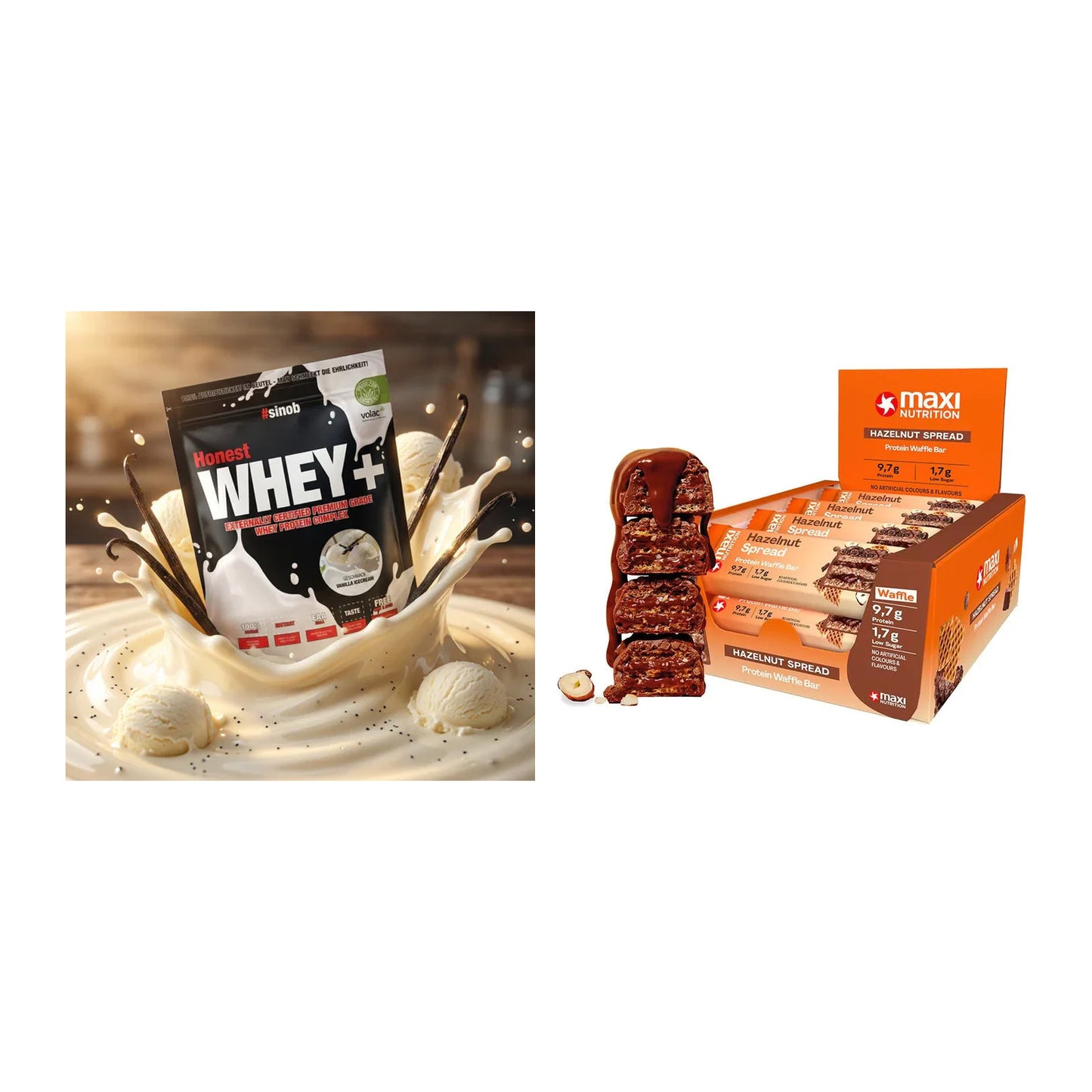 Haselnuss Geschmacks-Duo: Sinob Honest Whey+ + 2× MaxiNutrition – alle enthaltenen Artikel