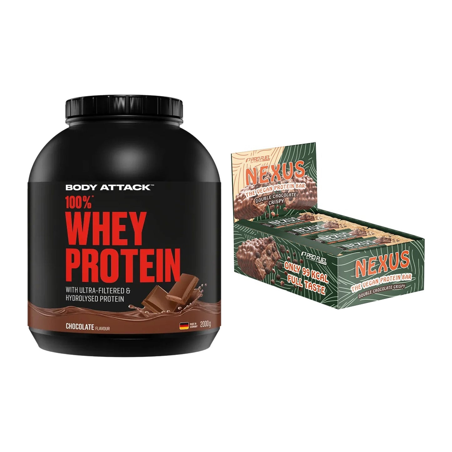 Schokolade Geschmacks-Duo: Body Attack 100% + 2× ProFuel Nexus – alle enthaltenen Artikel