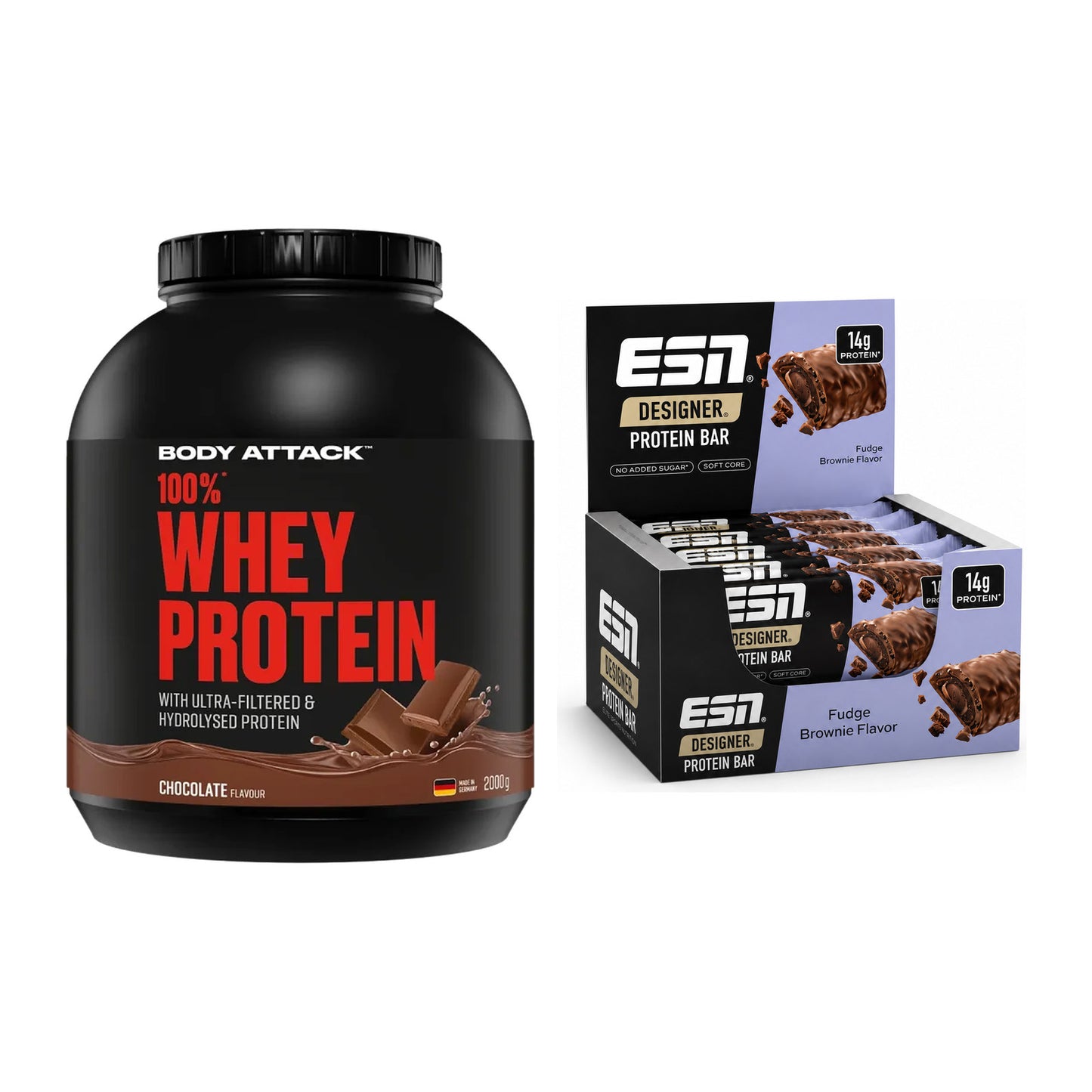 Schokolade Geschmacks-Duo: Body Attack 100% + 2× ESN Designer Bar – alle enthaltenen Artikel
