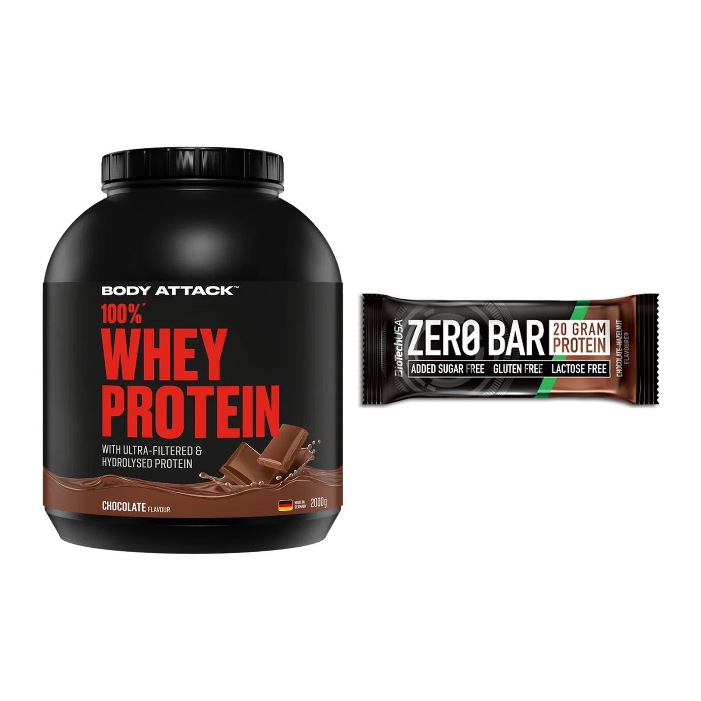 Schokolade Geschmacks-Duo: Body Attack 100% + 2× BioTech Zero Bar – alle enthaltenen Artikel