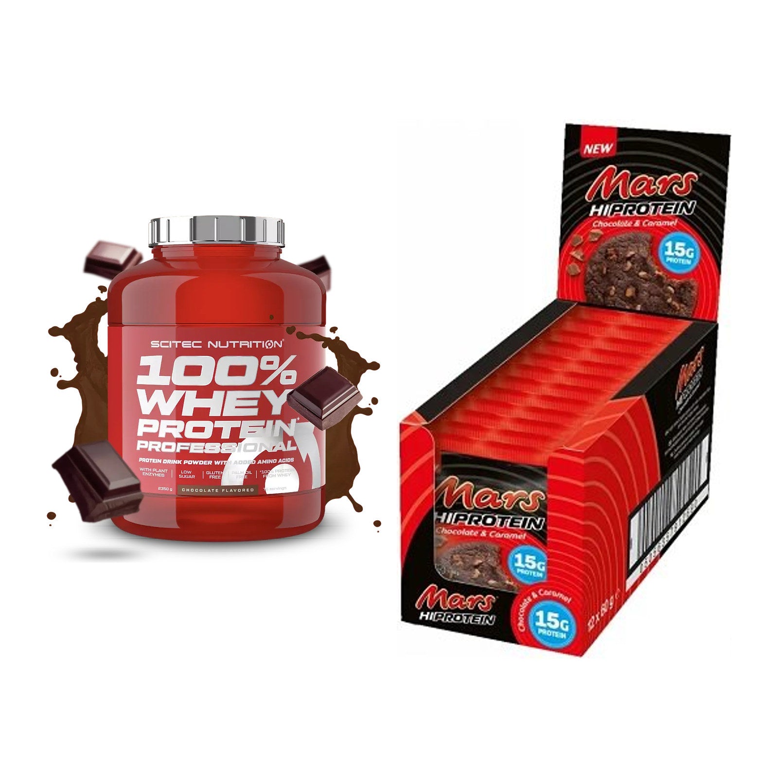 Schokolade Geschmacks-Duo: Scitec 100% Whey + 2× Mars High Protein – alle enthaltenen Artikel