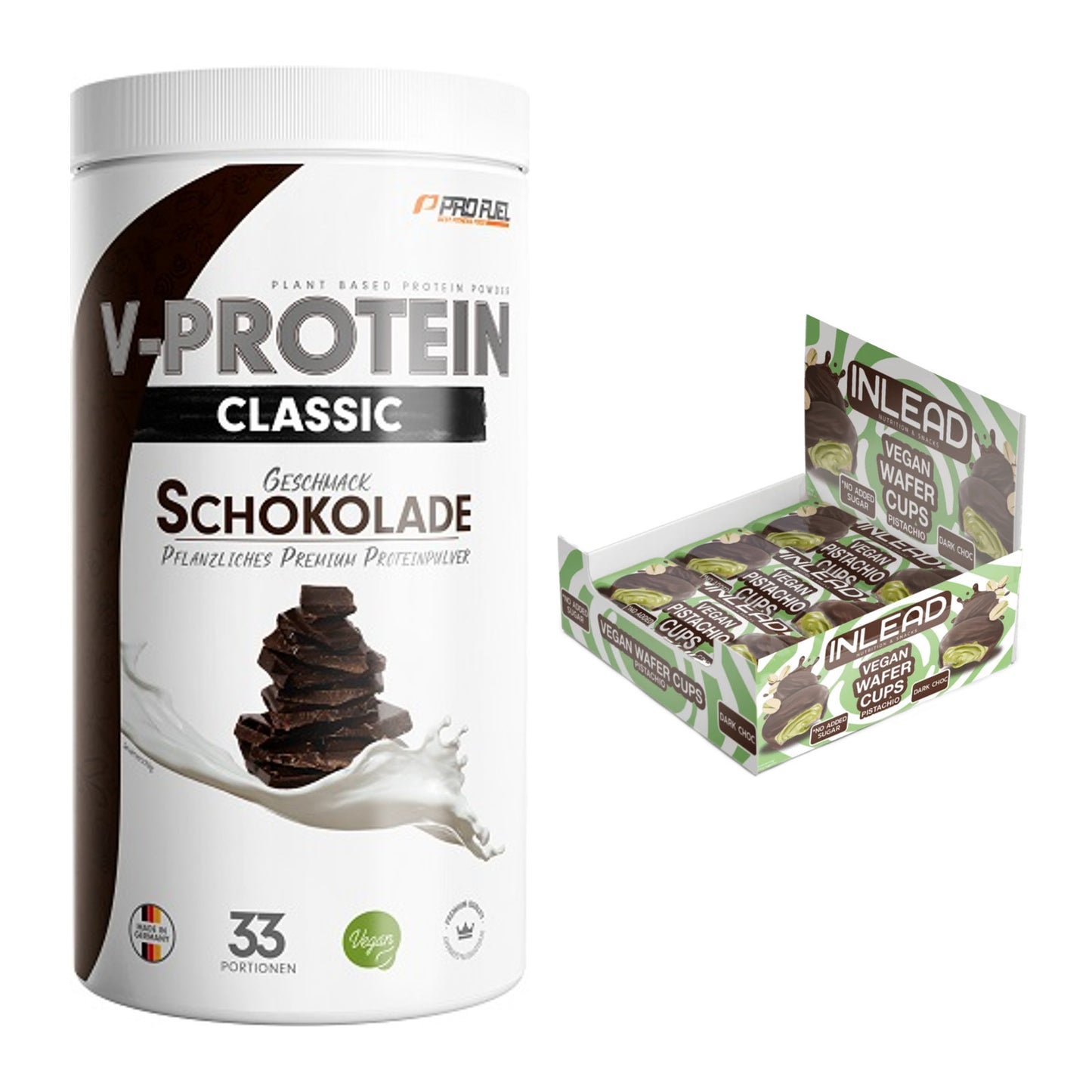 Schokolade Geschmacks-Duo: ProFuel VEGAN + 2× INLEAD Wafer Cups – alle enthaltenen Artikel