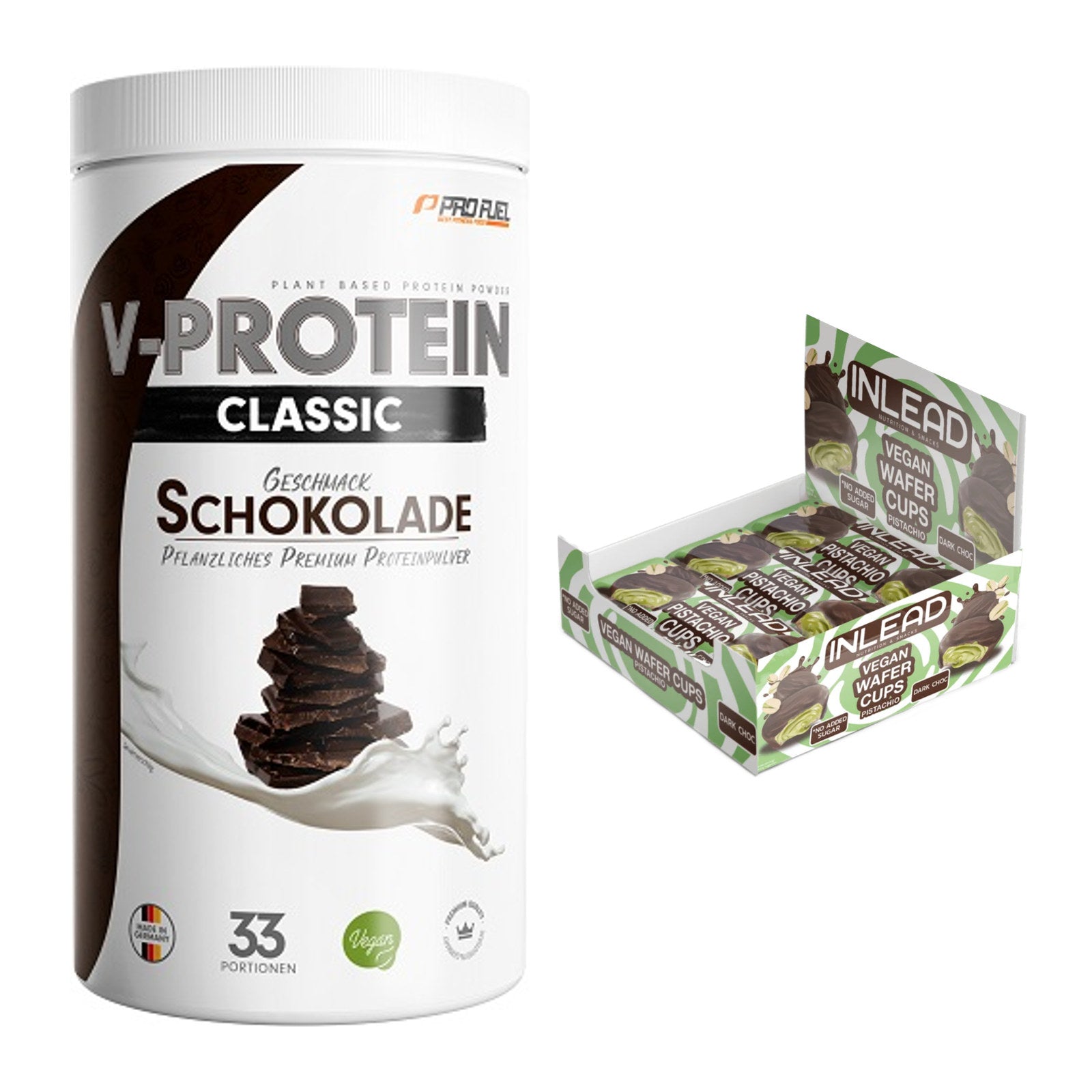 Schokolade Geschmacks-Duo: ProFuel VEGAN + 2× INLEAD Wafer Cups – alle enthaltenen Artikel