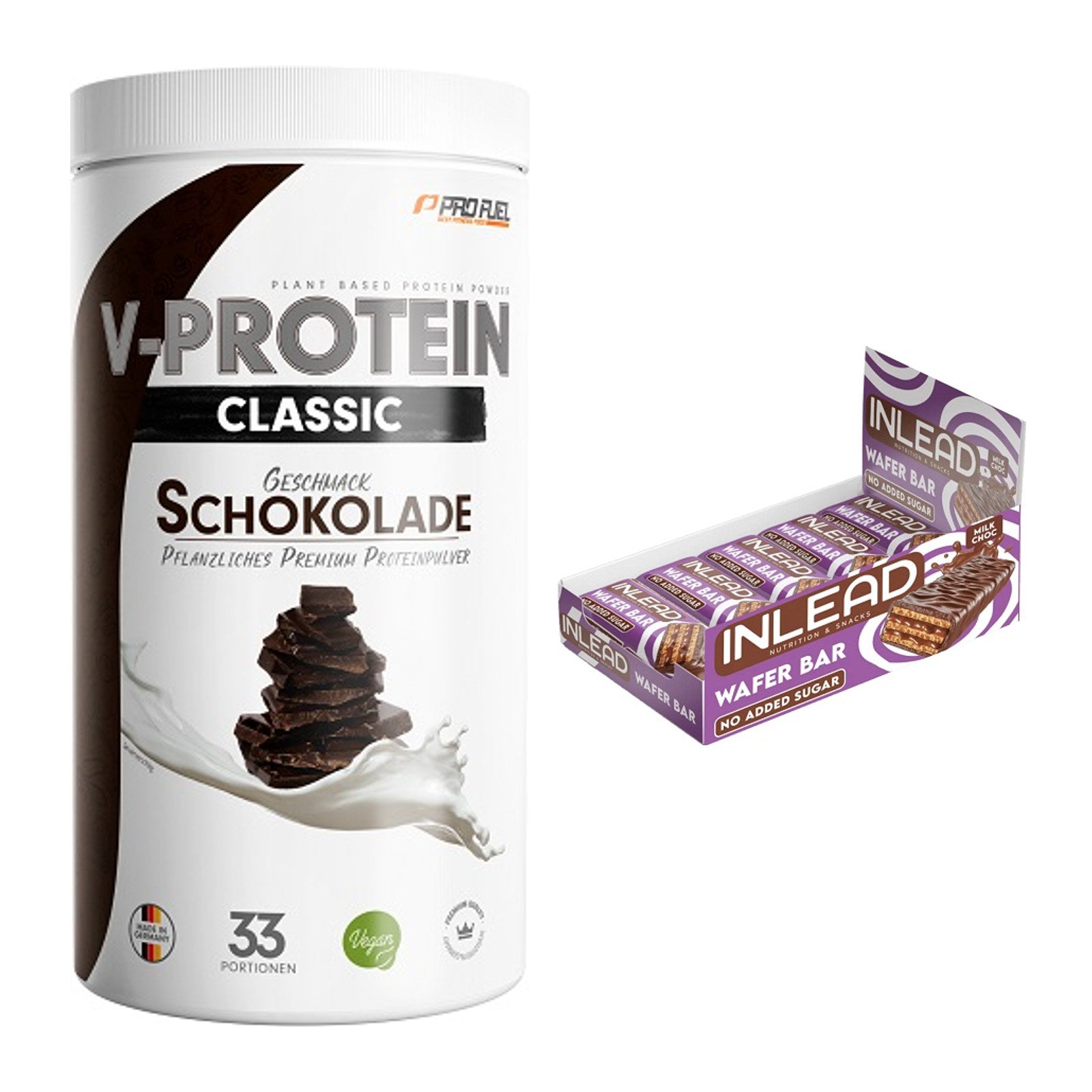 Schokolade Geschmacks-Duo: ProFuel VEGAN PROTEIN + 2× INLEAD Wafer Bar – alle enthaltenen Artikel