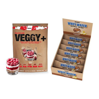 Schokolade Geschmacks-Duo: Sinob VEGGY + VEGAN + 2× Weider Whey Wafer – alle enthaltenen Artikel