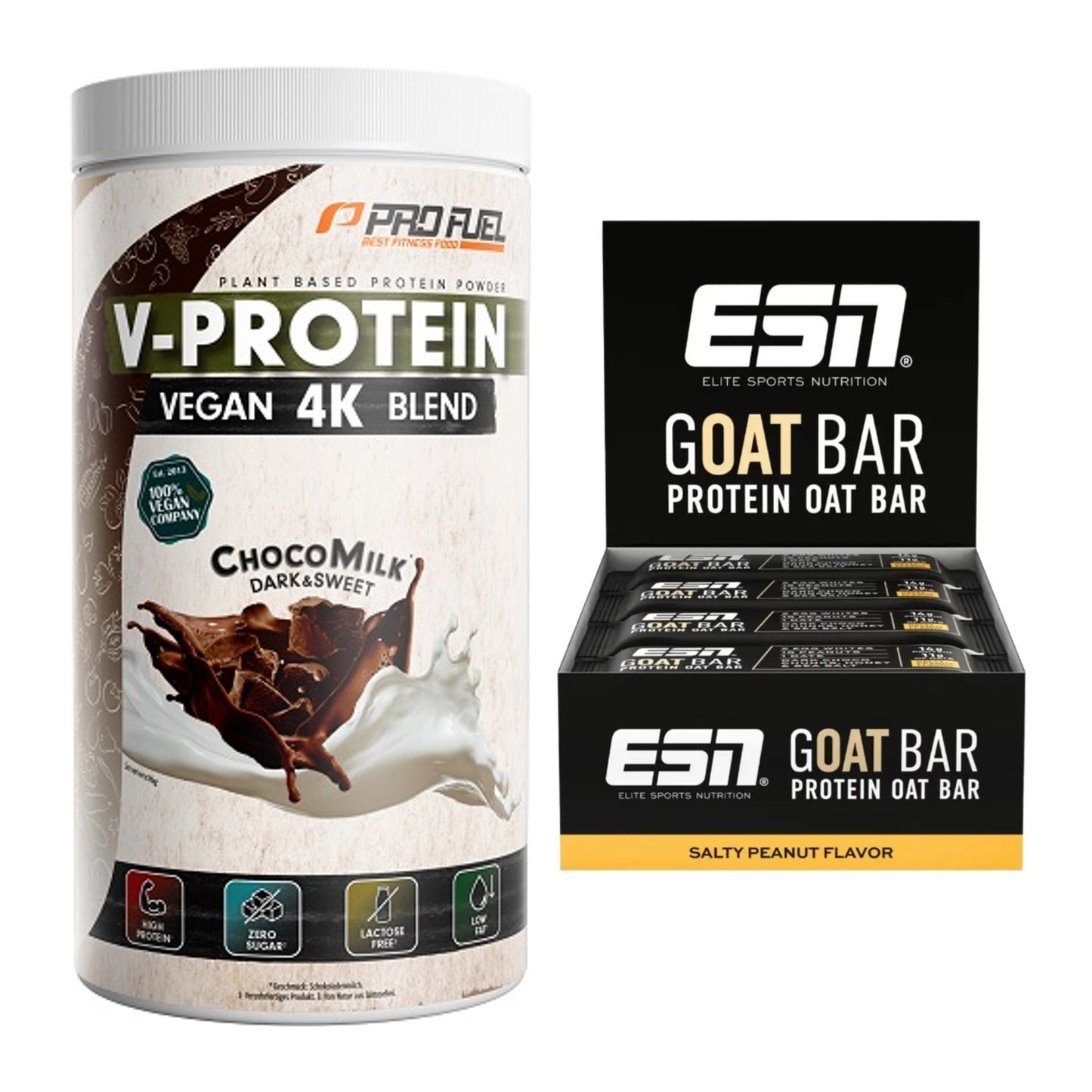 Erdnuss Geschmacks-Duo: ProFuel V-PROTEIN + 2× ESN Goat Bar – alle enthaltenen Artikel