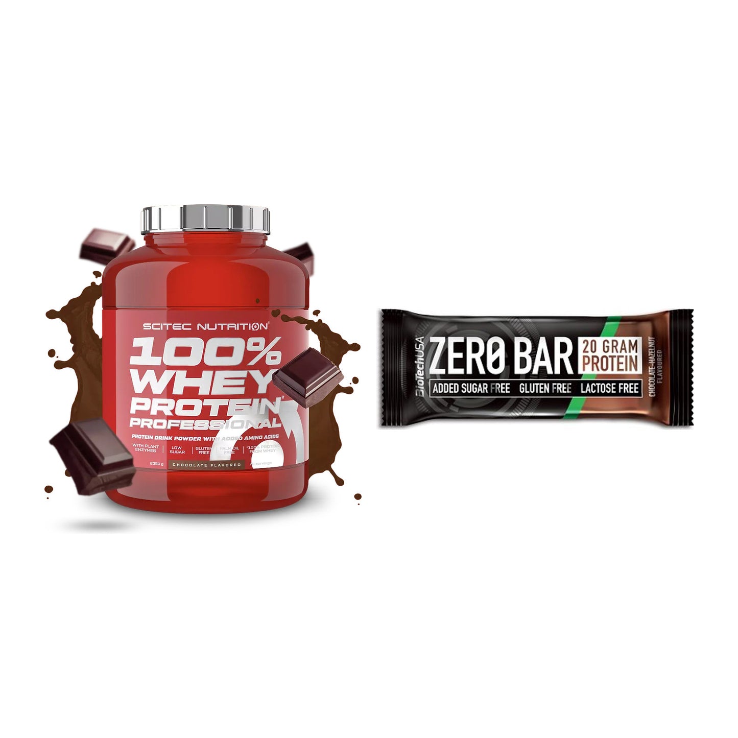 Schokolade Geschmacks-Duo: Scitec 100% Whey + 2× BioTech Zero Bar – alle enthaltenen Artikel