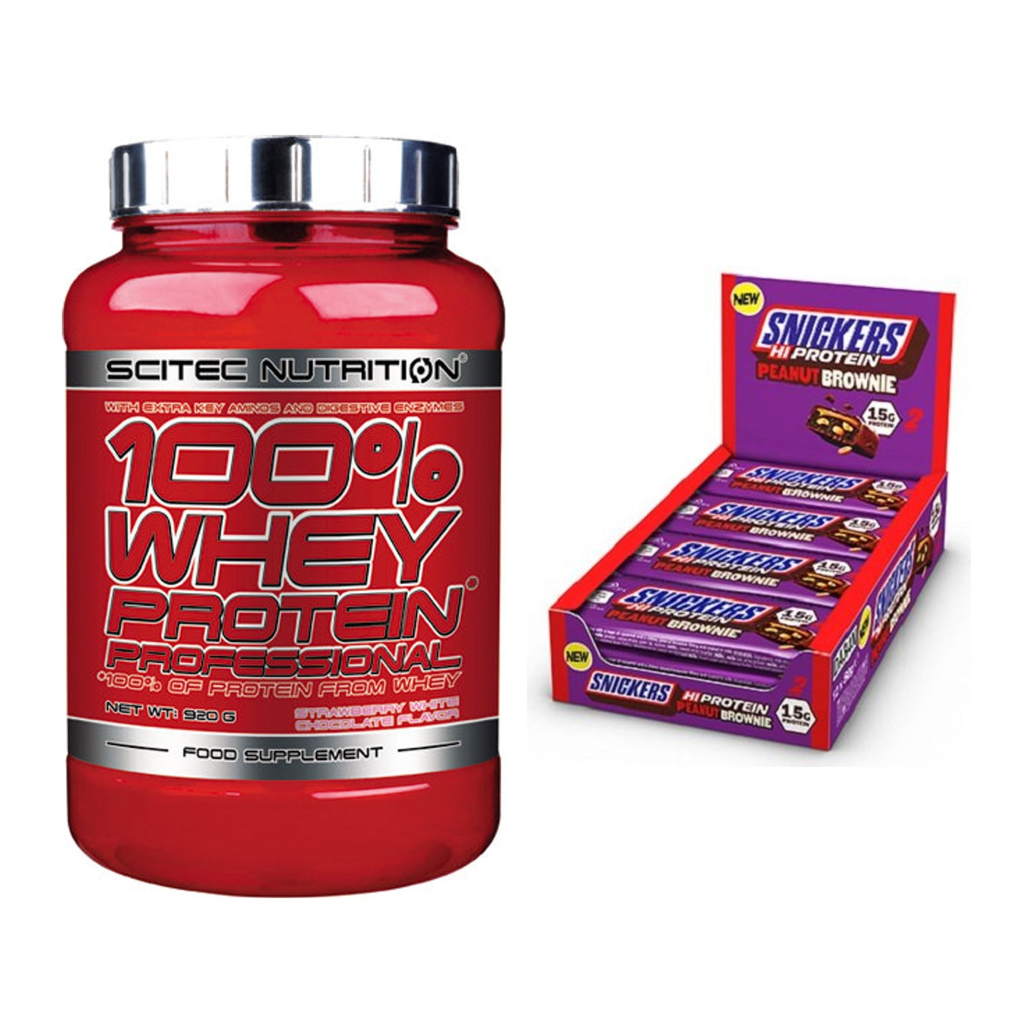 Schokolade Geschmacks-Duo: Scitec 100% Whey + 2× Snickers High – alle enthaltenen Artikel