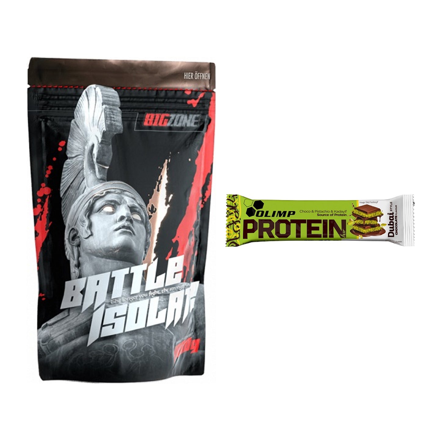 Schokolade Geschmacks-Duo: Big Zone Battle + 2× Olimp Protein Bar – alle enthaltenen Artikel
