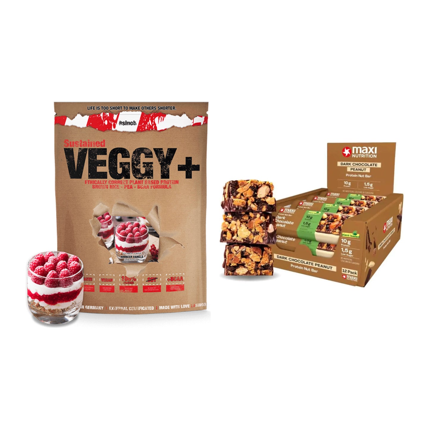 Schokolade Geschmacks-Duo: Sinob VEGGY + VEGAN + 2× MaxiNutrition – alle enthaltenen Artikel