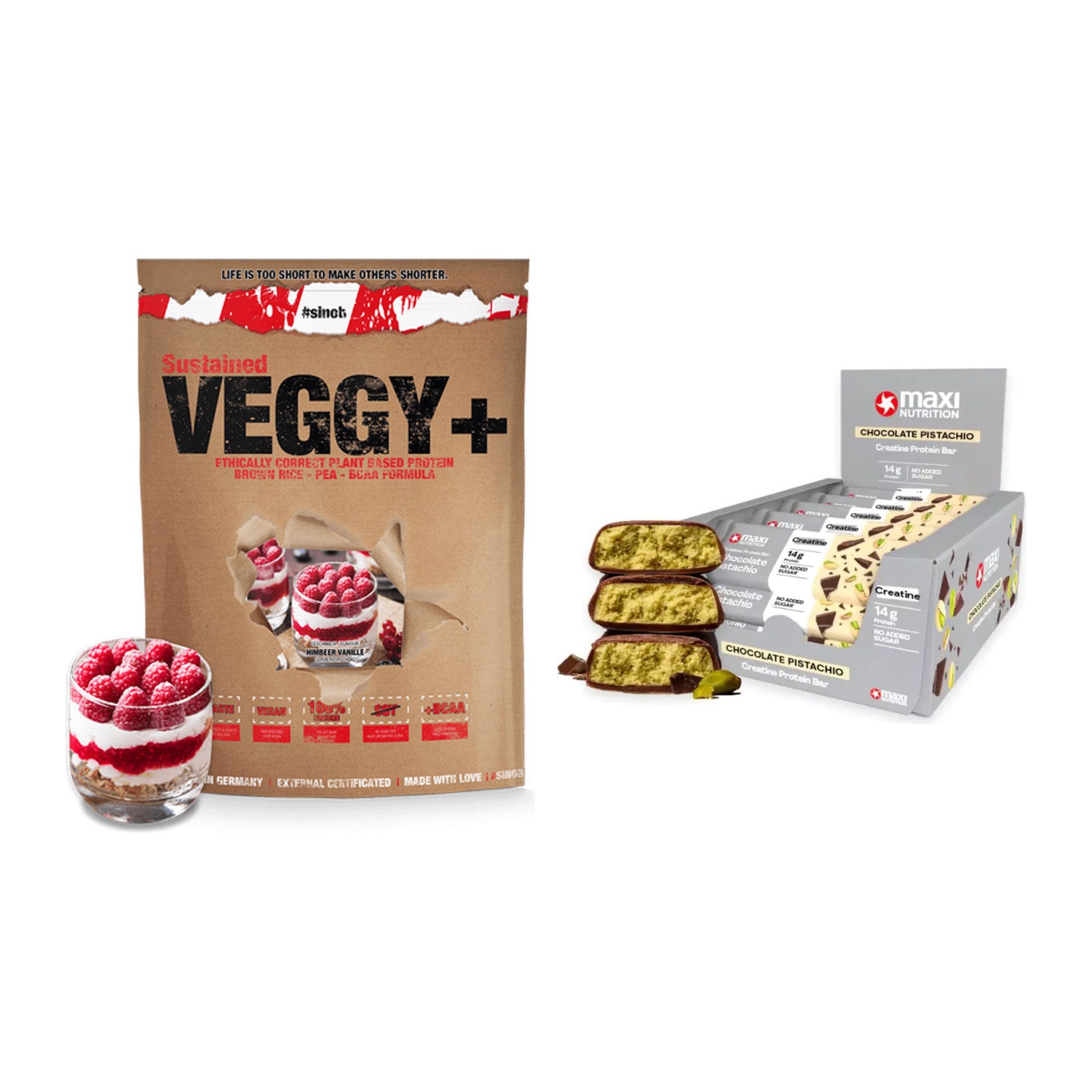 Schokolade Geschmacks-Duo: Sinob VEGGY + VEGAN + 2× MaxiNutrition – alle enthaltenen Artikel