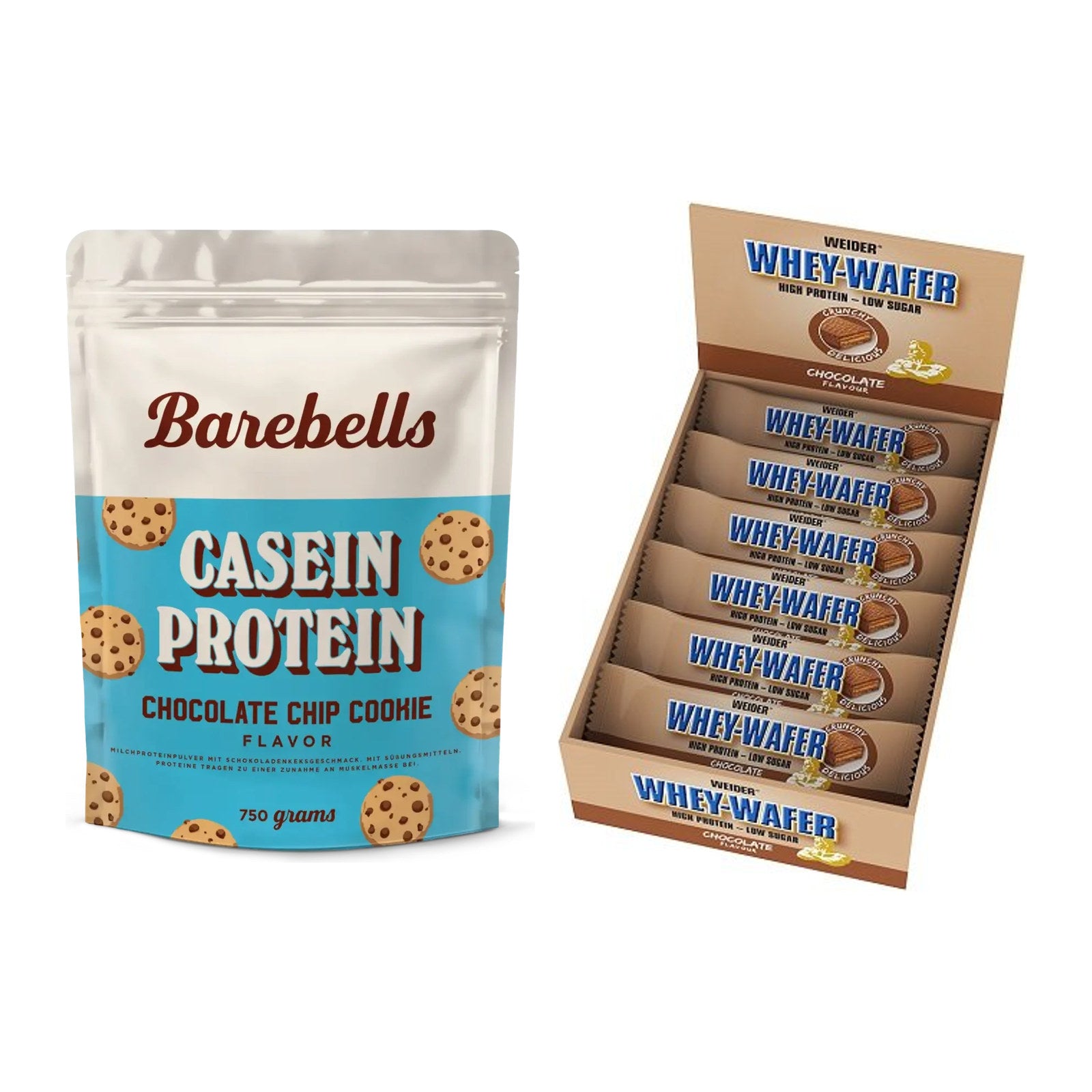 Schokolade Geschmacks-Duo: Barebells Casein + 2× Weider Whey Wafer – alle enthaltenen Artikel