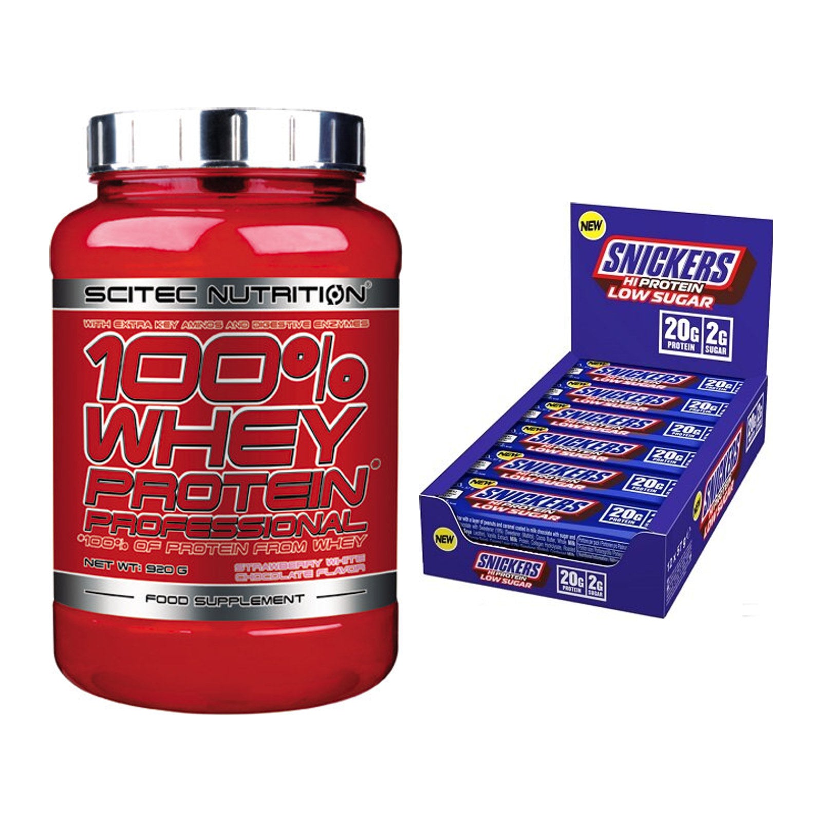 Schokolade Geschmacks-Duo: Scitec 100% Whey + 2× Snickers LOW SUGAR – alle enthaltenen Artikel