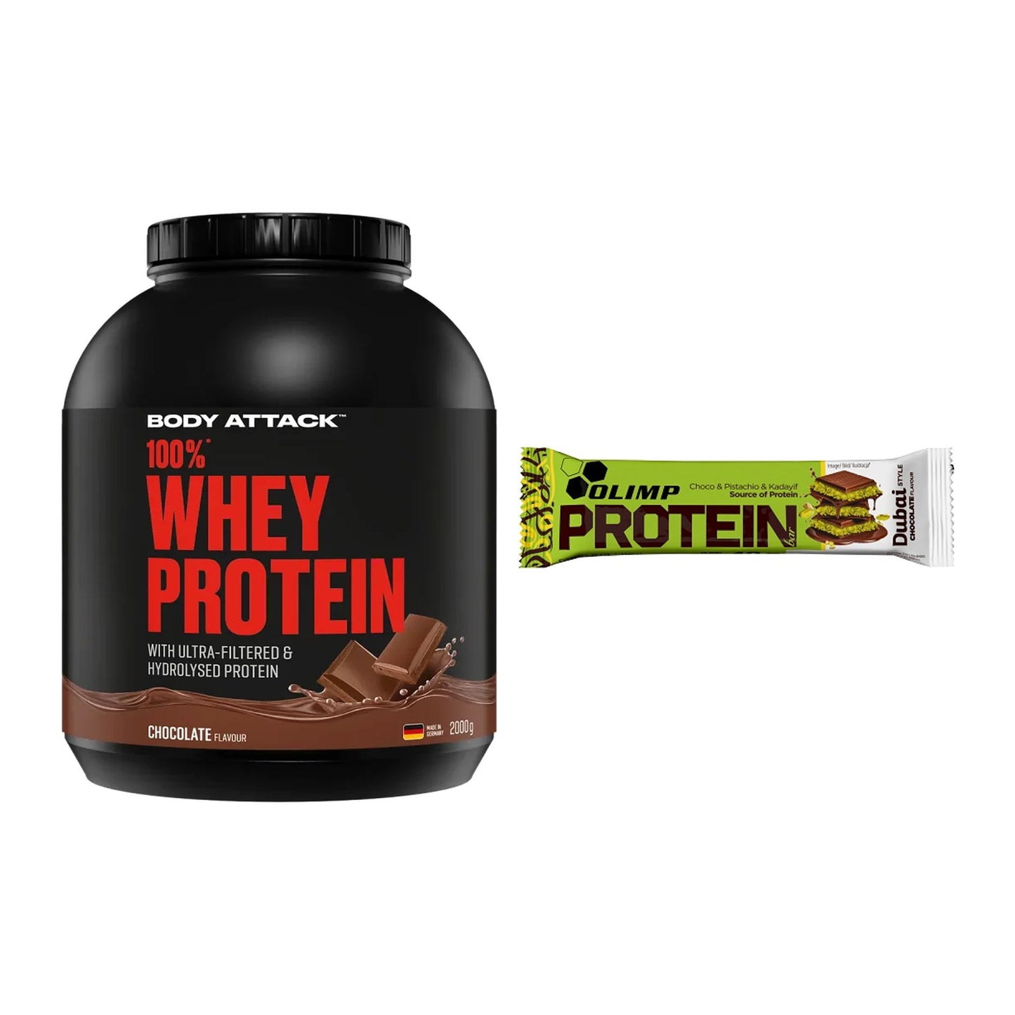 Schokolade Geschmacks-Duo: Body Attack 100% + 2× Olimp Protein Bar – alle enthaltenen Artikel