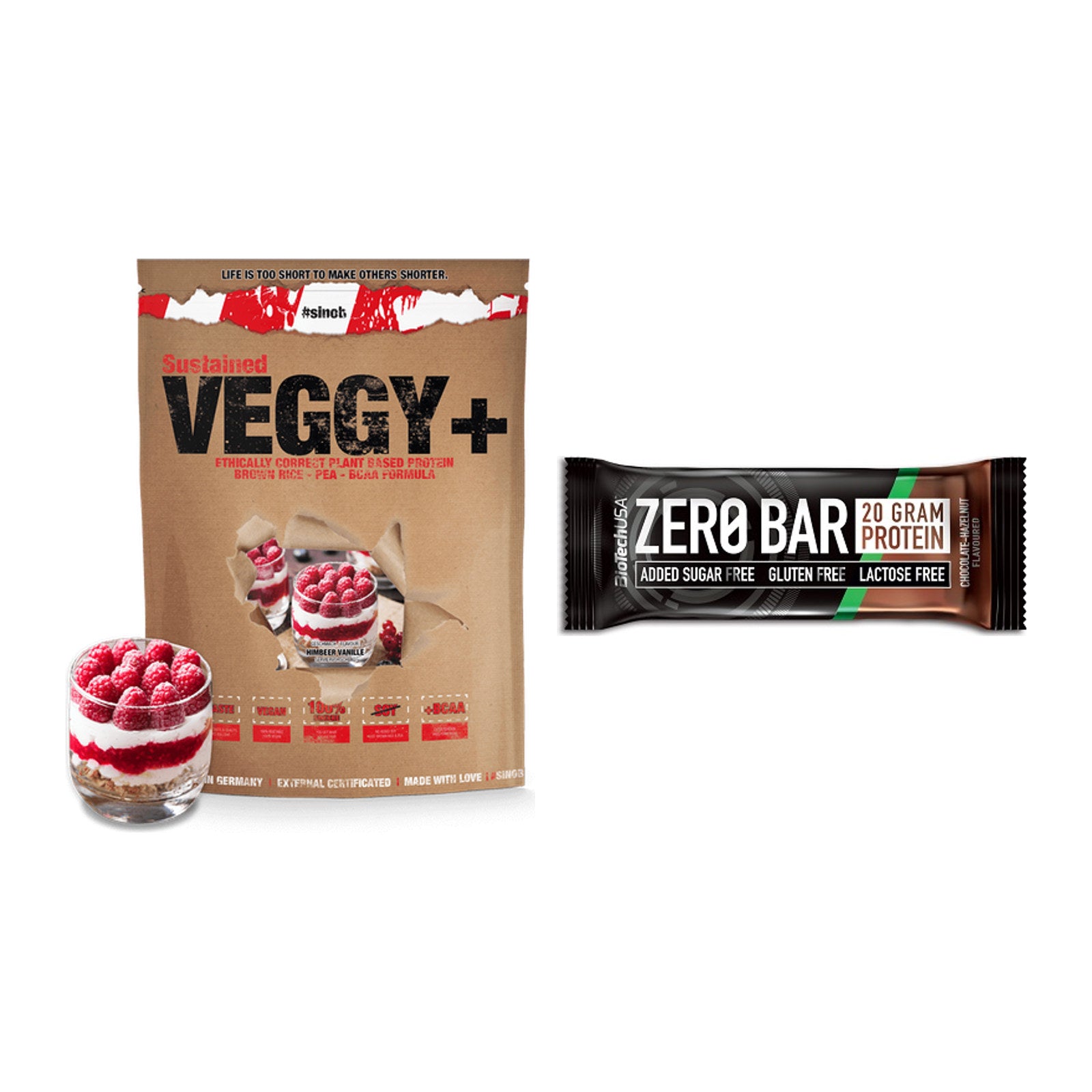 Schokolade Geschmacks-Duo: Sinob VEGGY + VEGAN + 2× BioTech Zero Bar – alle enthaltenen Artikel