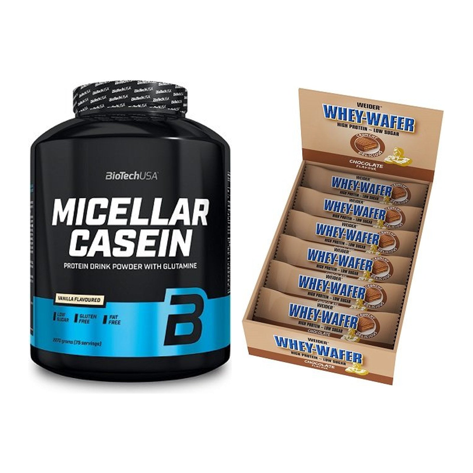 Schokolade Geschmacks-Duo: BioTech Micellar + 2× Weider Whey Wafer – alle enthaltenen Artikel