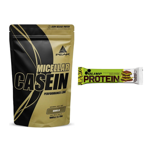 Schokolade Geschmacks-Duo: Peak Micellar Casein + 2× Olimp Protein Bar – alle enthaltenen Artikel