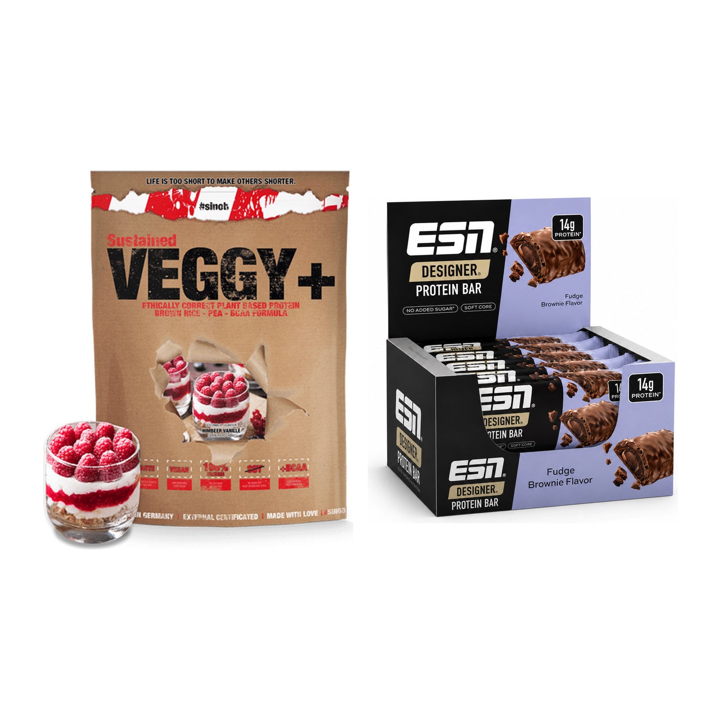 Schokolade Geschmacks-Duo: Sinob VEGGY + VEGAN + 2× ESN Designer Bar – alle enthaltenen Artikel