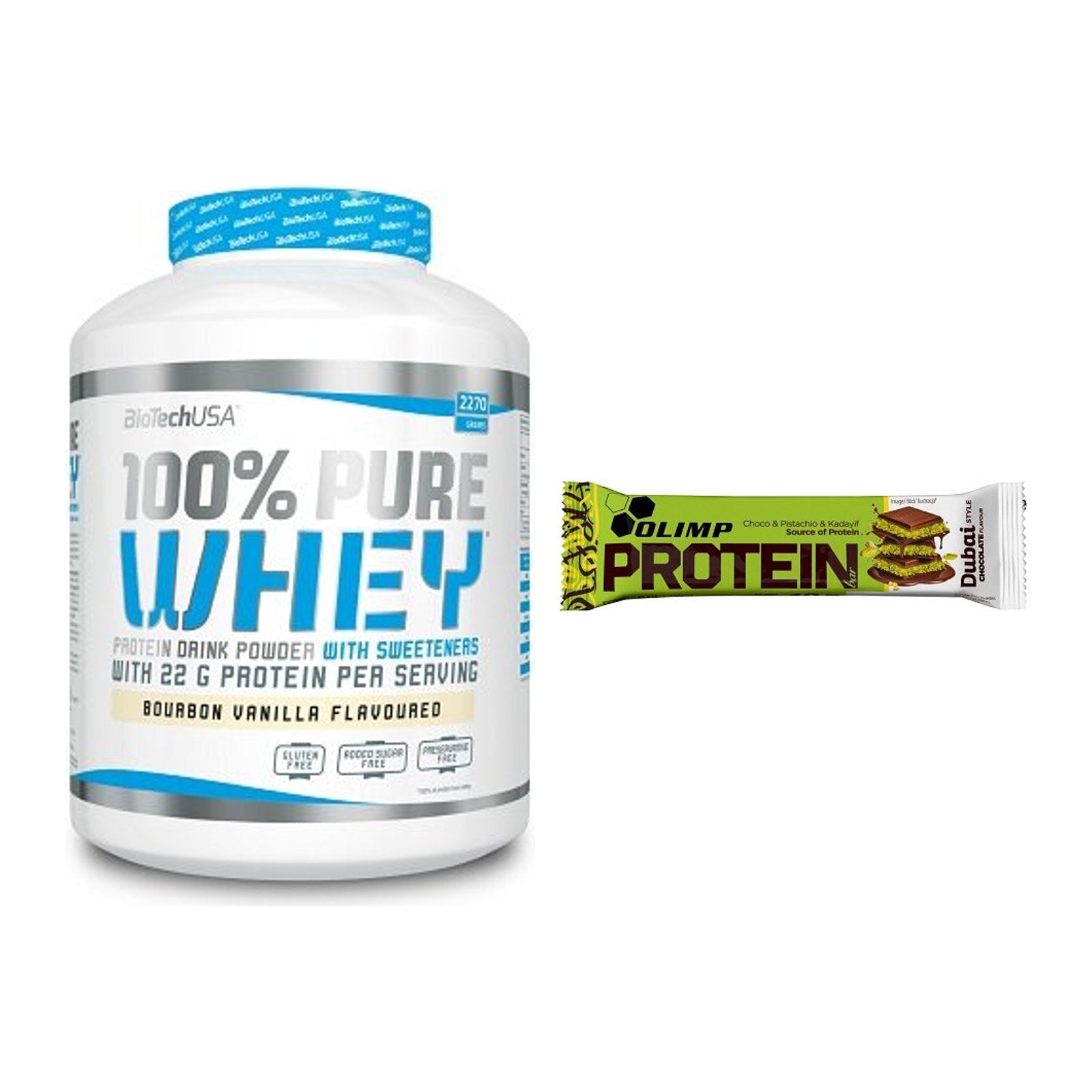 Schokolade Geschmacks-Duo: BioTech 100% Pure + 2× Olimp Protein Bar – alle enthaltenen Artikel