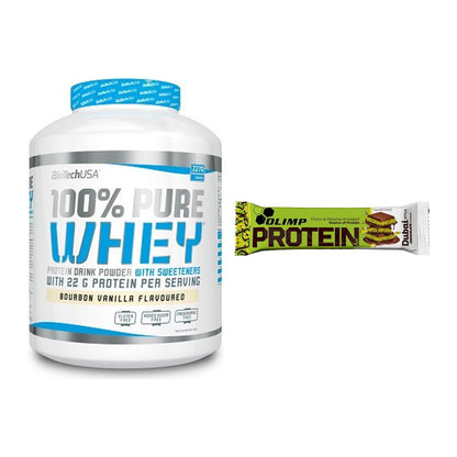 Schokolade Geschmacks-Duo: BioTech 100% Pure + 2× Olimp Protein Bar – alle enthaltenen Artikel