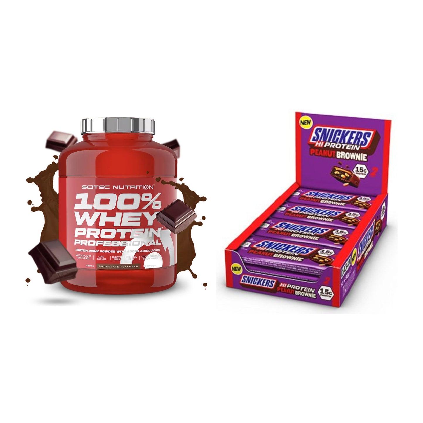 Schokolade Geschmacks-Duo: Scitec 100% Whey + 2× Snickers High – alle enthaltenen Artikel