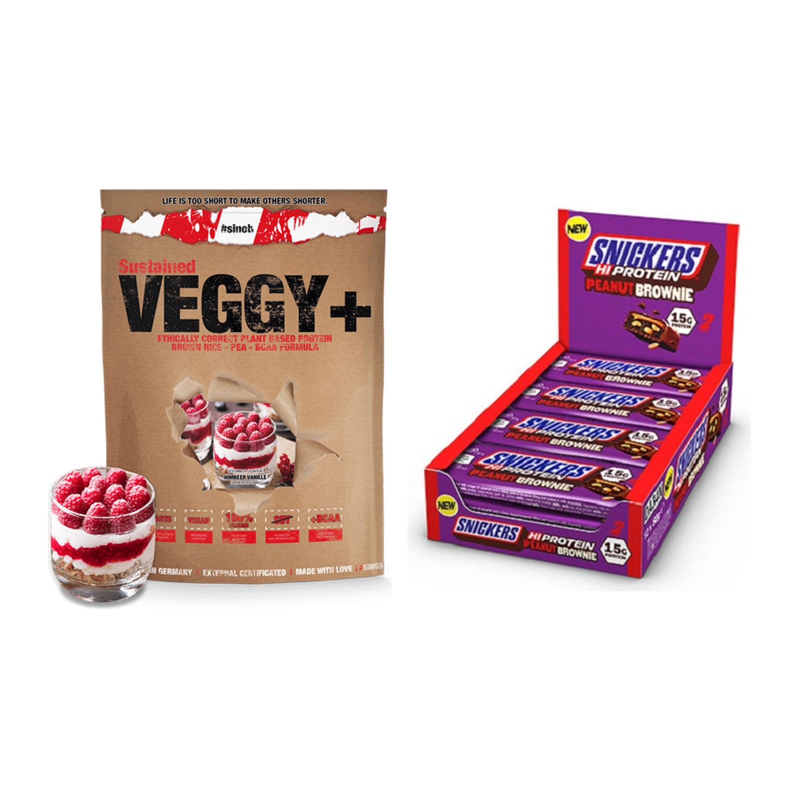 Schokolade Geschmacks-Duo: Sinob VEGGY + VEGAN + 2× Snickers High – alle enthaltenen Artikel