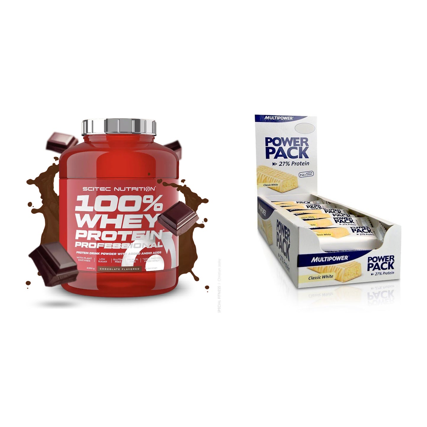 Schokolade Geschmacks-Duo: Scitec 100% Whey + 2× Multipower Power – alle enthaltenen Artikel