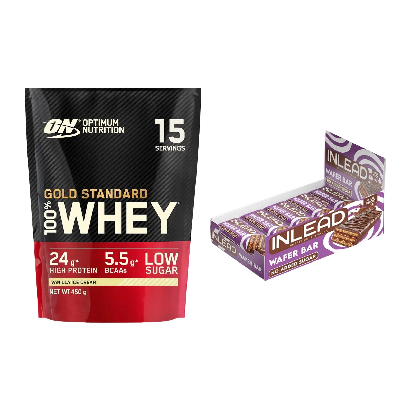 Schokolade Geschmacks-Duo: ON Whey Gold Standard + 2× INLEAD Wafer Bar – alle enthaltenen Artikel
