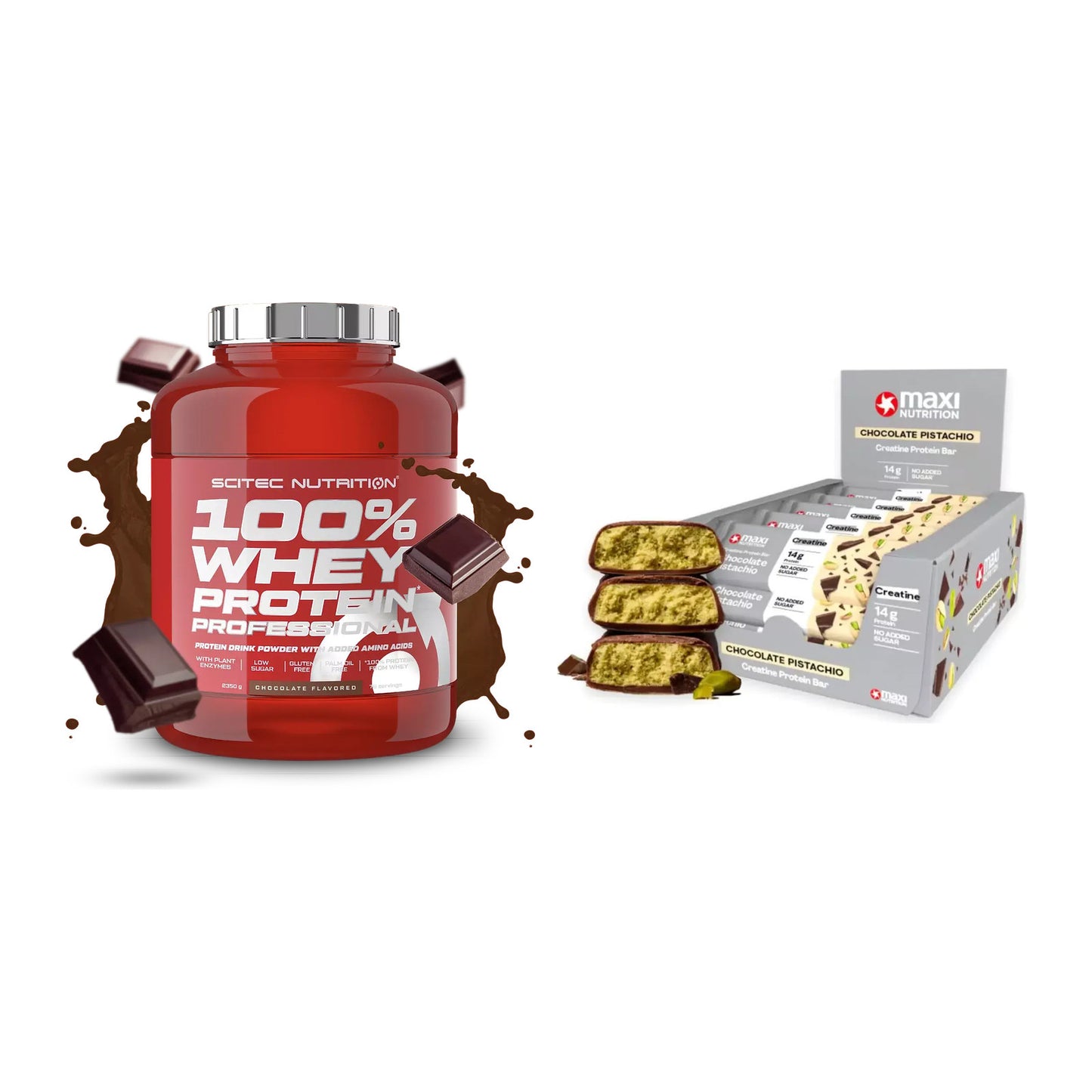 Schokolade Geschmacks-Duo: Scitec 100% Whey + 2× MaxiNutrition – alle enthaltenen Artikel
