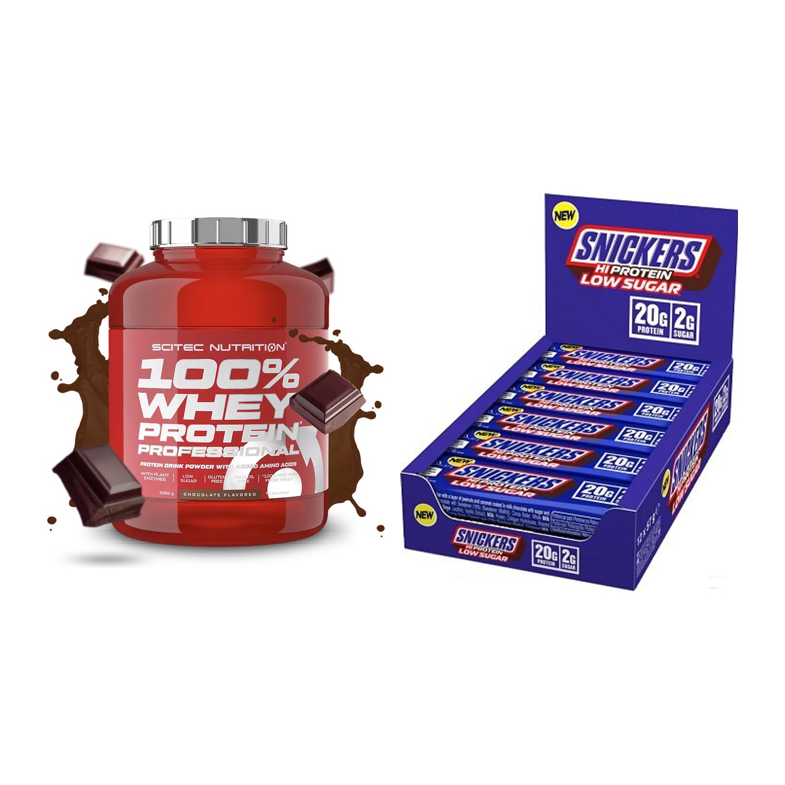 Schokolade Geschmacks-Duo: Scitec 100% Whey + 2× Snickers LOW SUGAR – alle enthaltenen Artikel