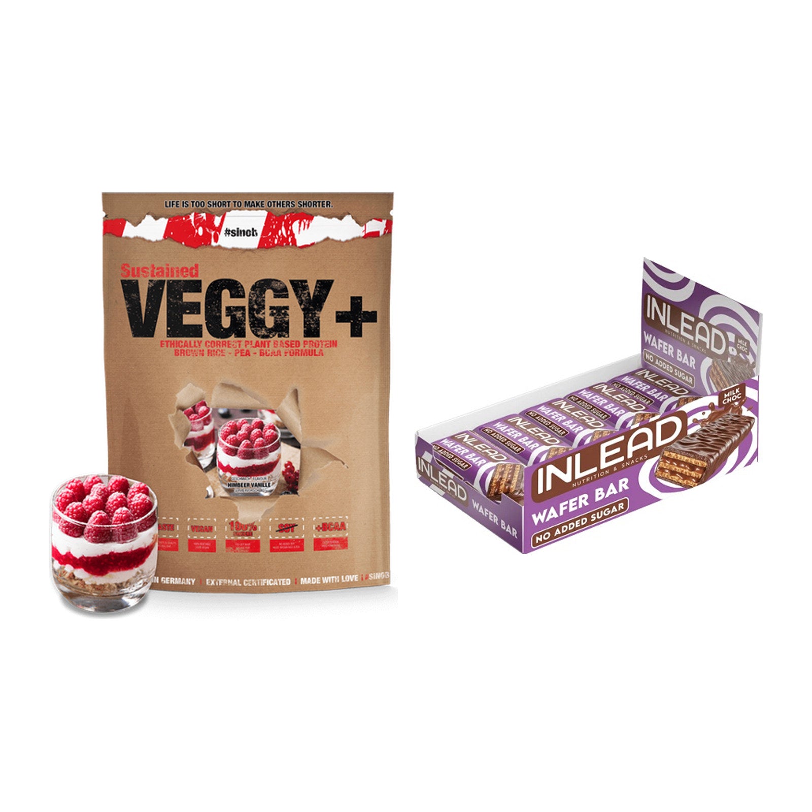 Schokolade Geschmacks-Duo: Sinob VEGGY + VEGAN + 2× INLEAD Wafer Bar – alle enthaltenen Artikel
