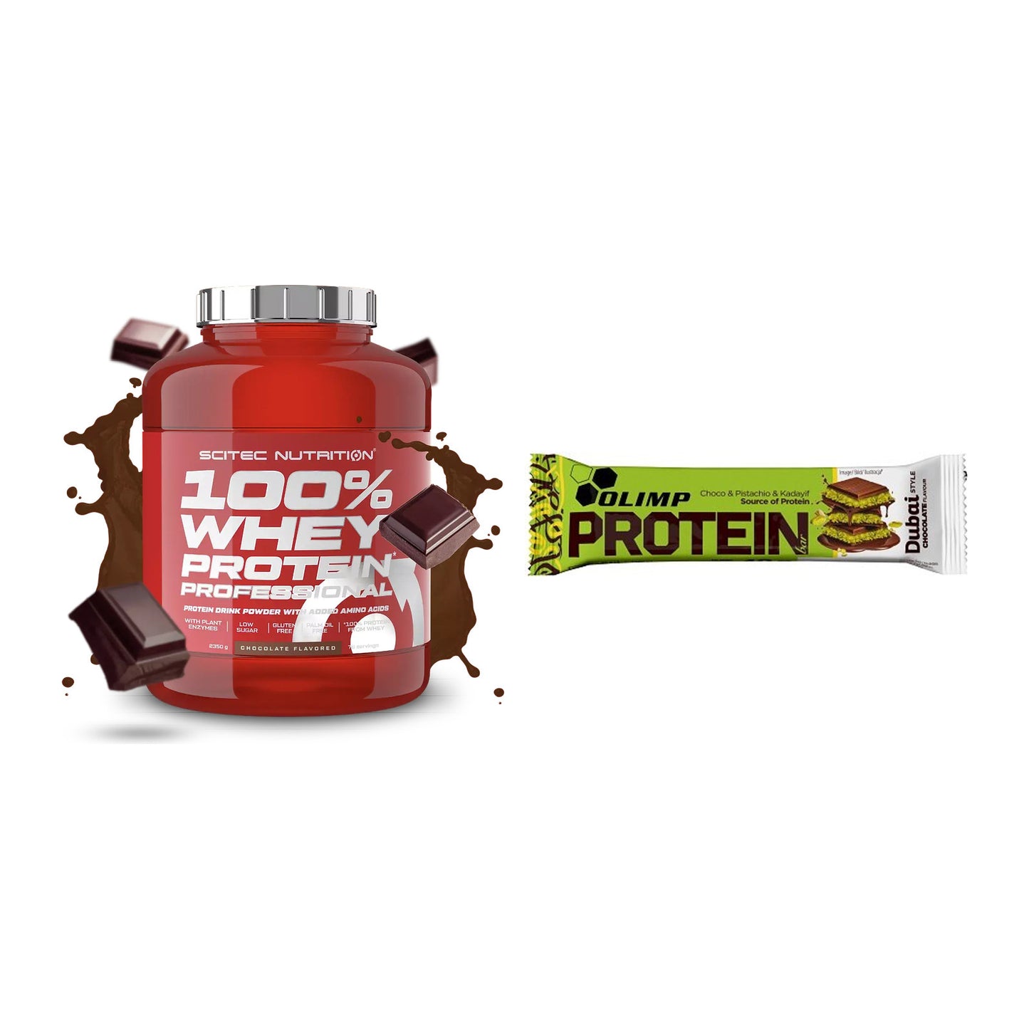 Schokolade Geschmacks-Duo: Scitec 100% Whey + 2× Olimp Protein Bar – alle enthaltenen Artikel