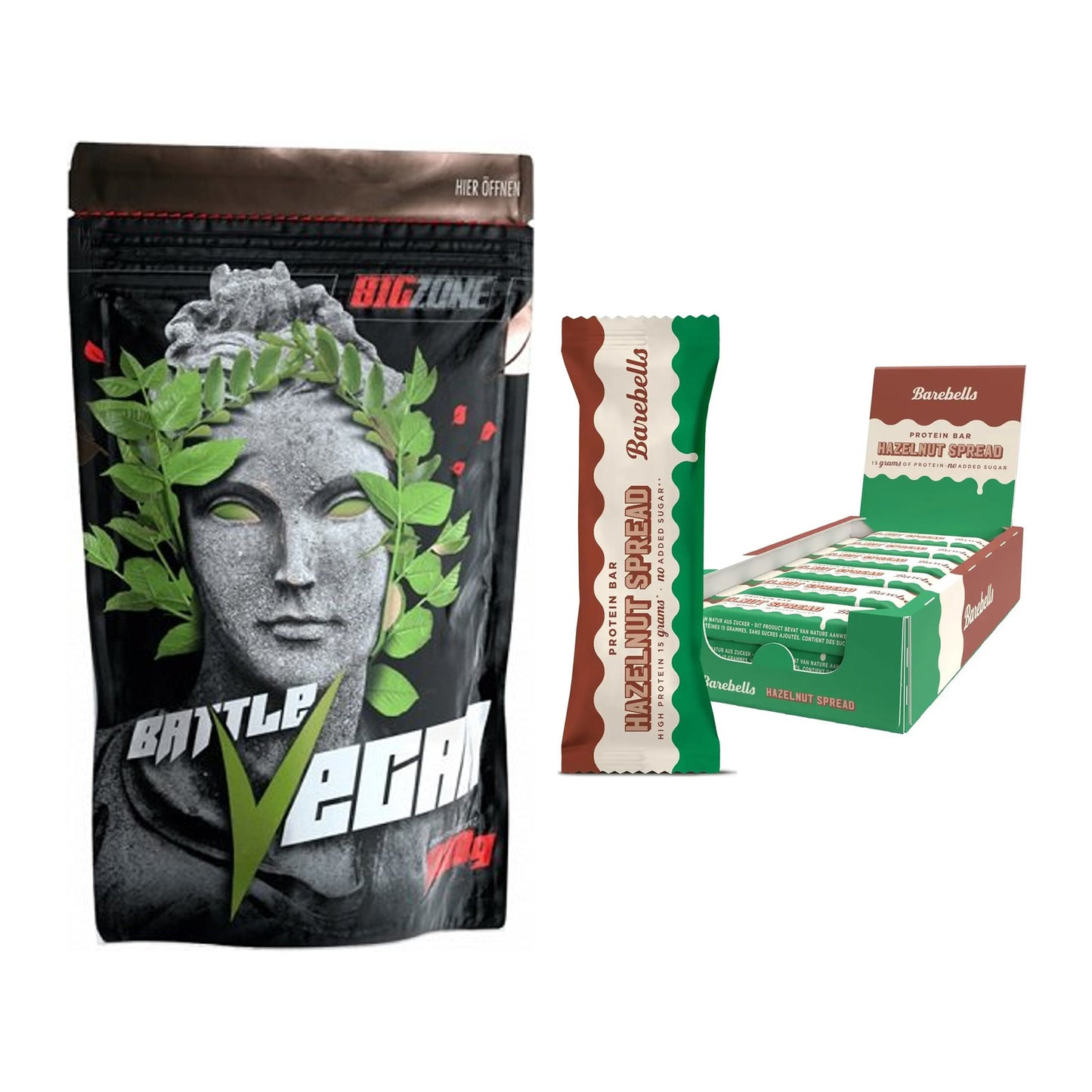 Haselnuss Geschmacks-Duo: Big Zone Battle + 2× Barebells Spread Bar – alle enthaltenen Artikel