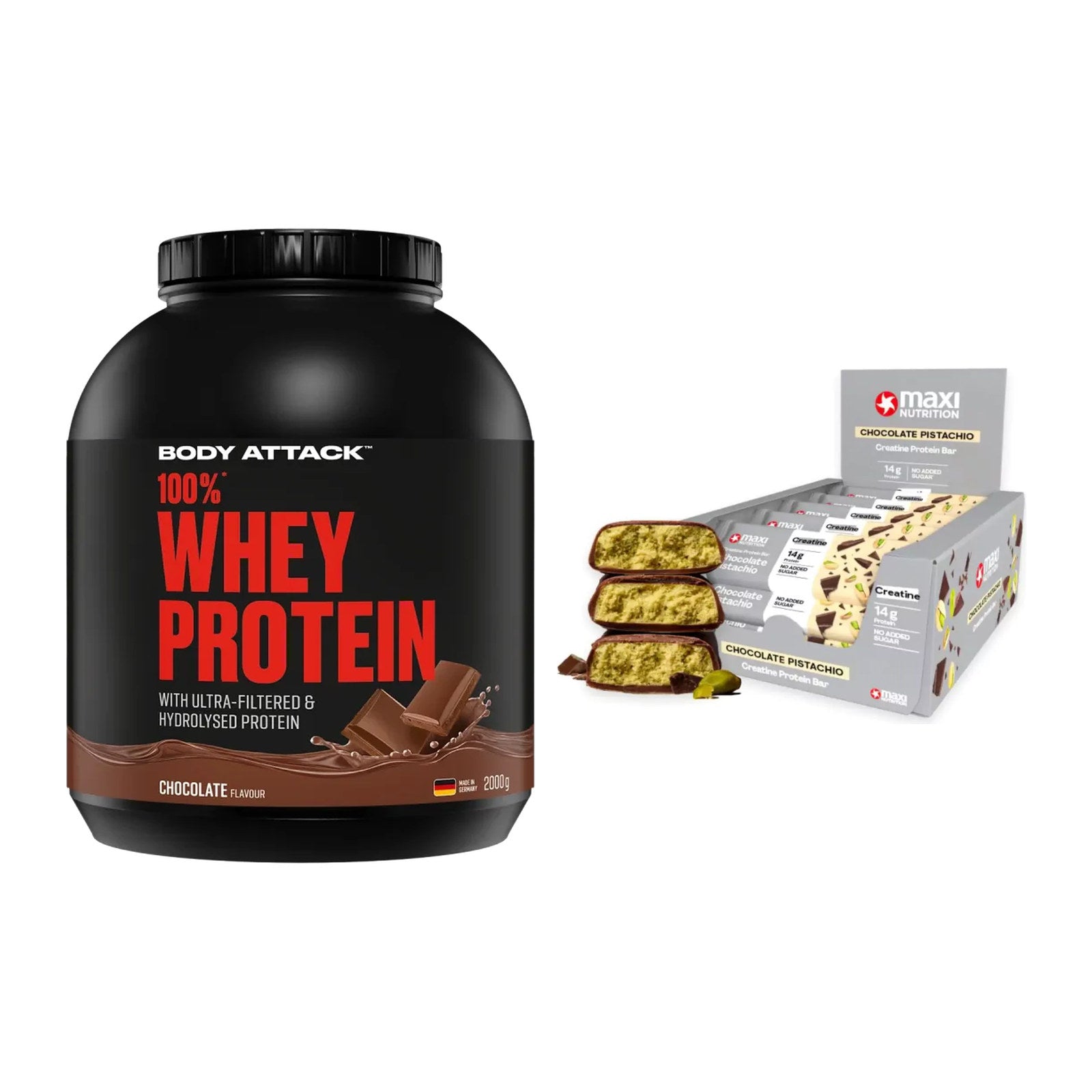 Schokolade Geschmacks-Duo: Body Attack 100% + 2× MaxiNutrition – alle enthaltenen Artikel
