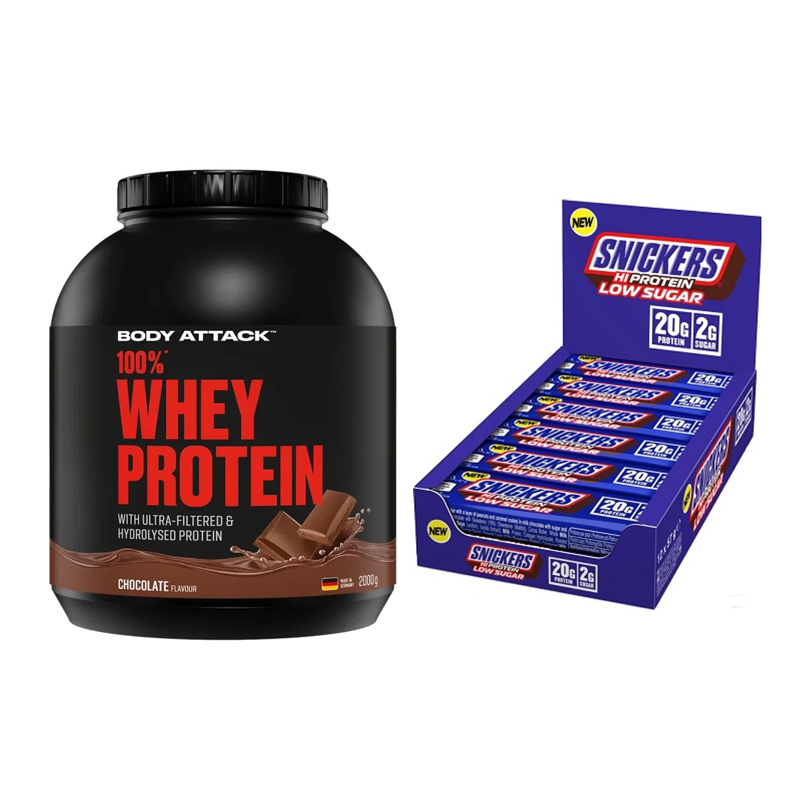 Schokolade Geschmacks-Duo: Body Attack 100% + 2× Snickers LOW SUGAR – alle enthaltenen Artikel